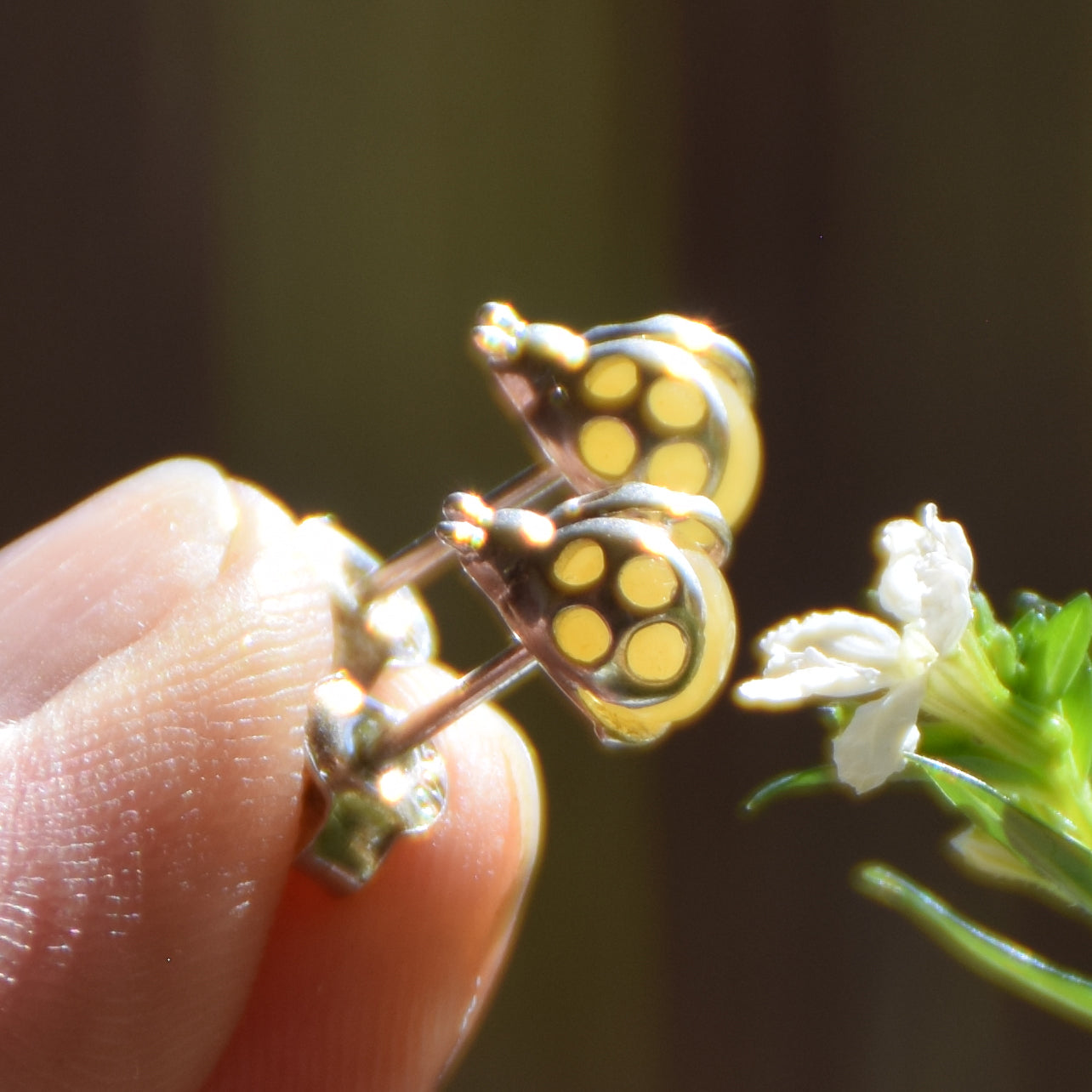 Delicate earrings with lucky ladybug in natural Imperial Amber and 925 Silver, MJ Baltica, BK256