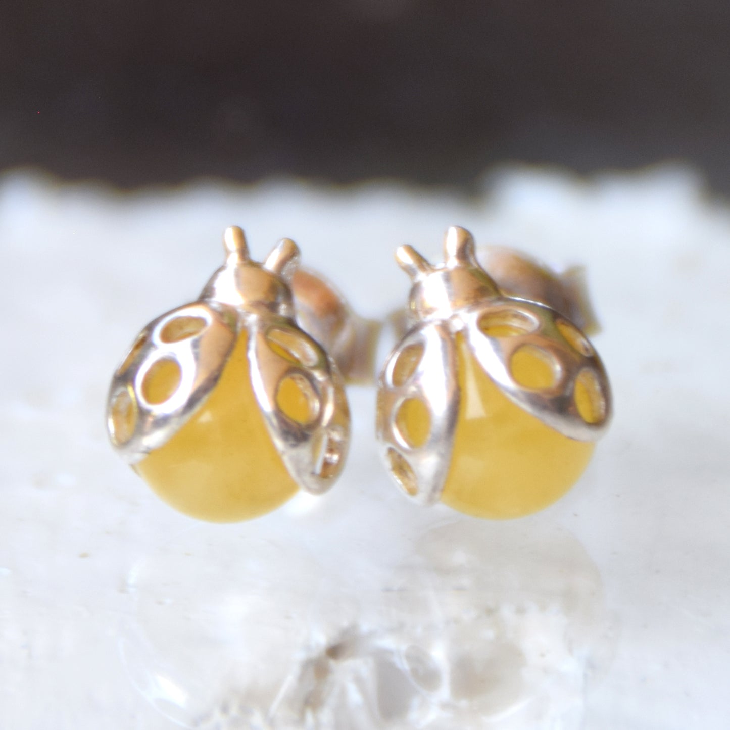 Delicate earrings with lucky ladybug in natural Imperial Amber and 925 Silver, MJ Baltica, BK256
