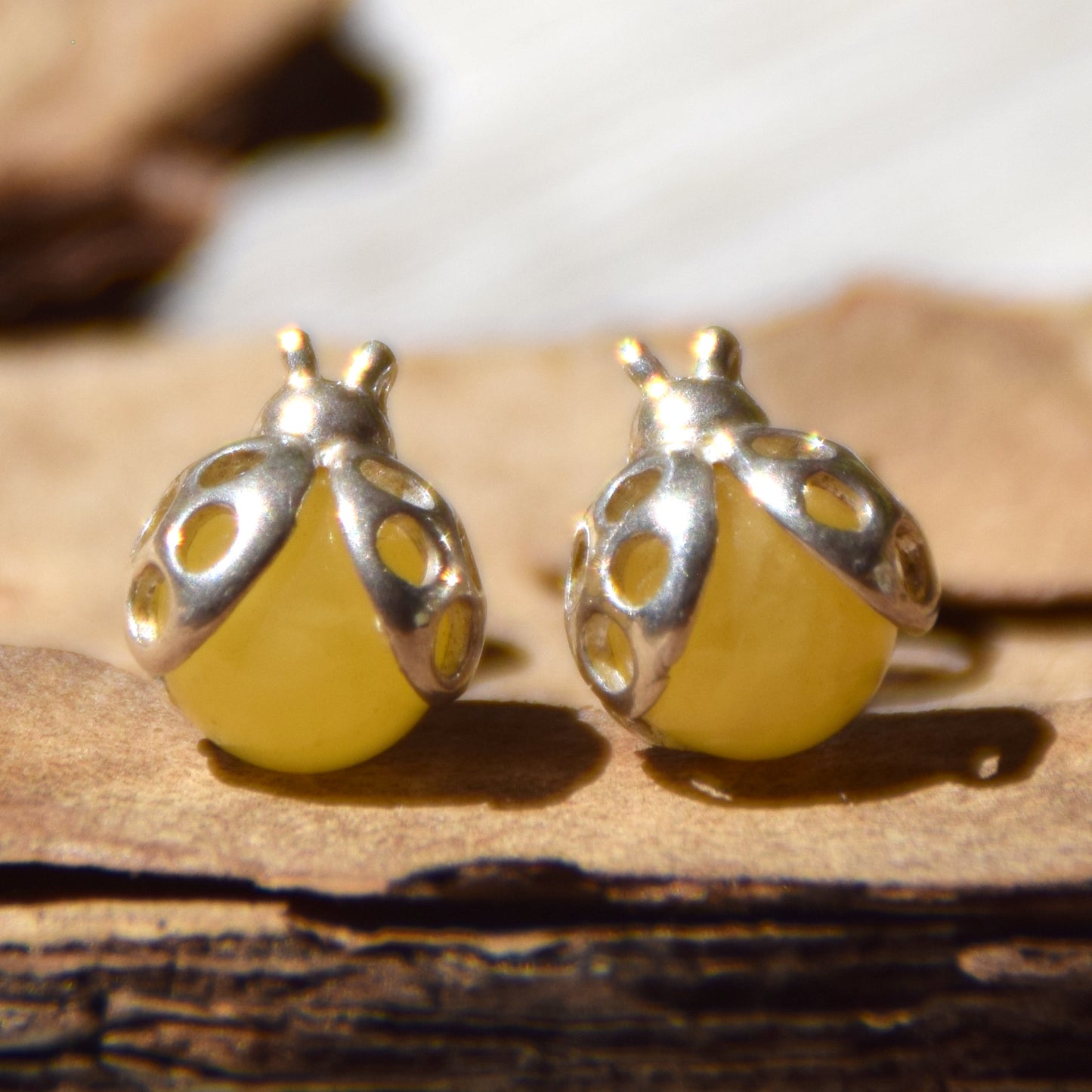 Delicate earrings with lucky ladybug in natural Imperial Amber and 925 Silver, MJ Baltica, BK256