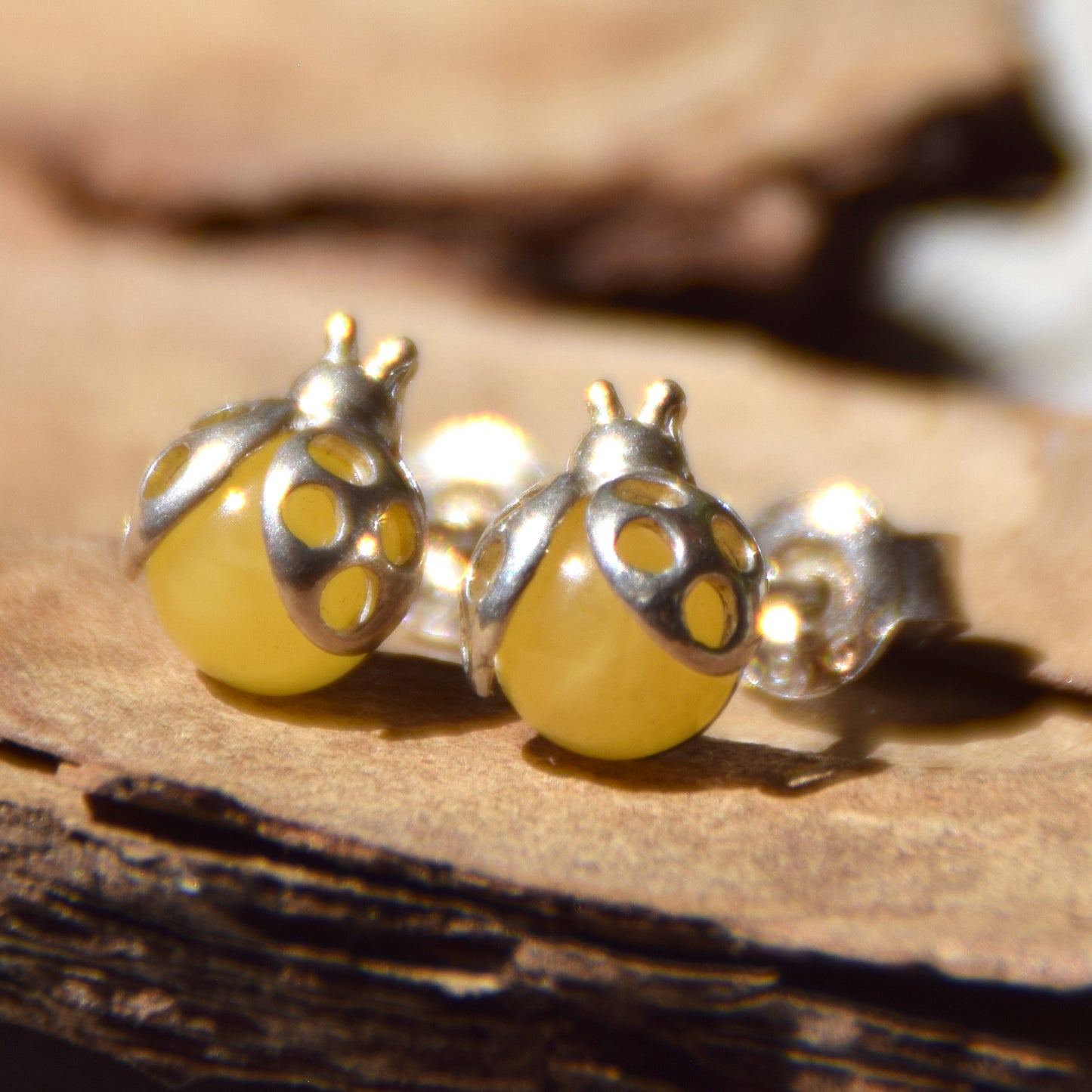 Delicate earrings with lucky ladybug in natural Imperial Amber and 925 Silver, MJ Baltica, BK256