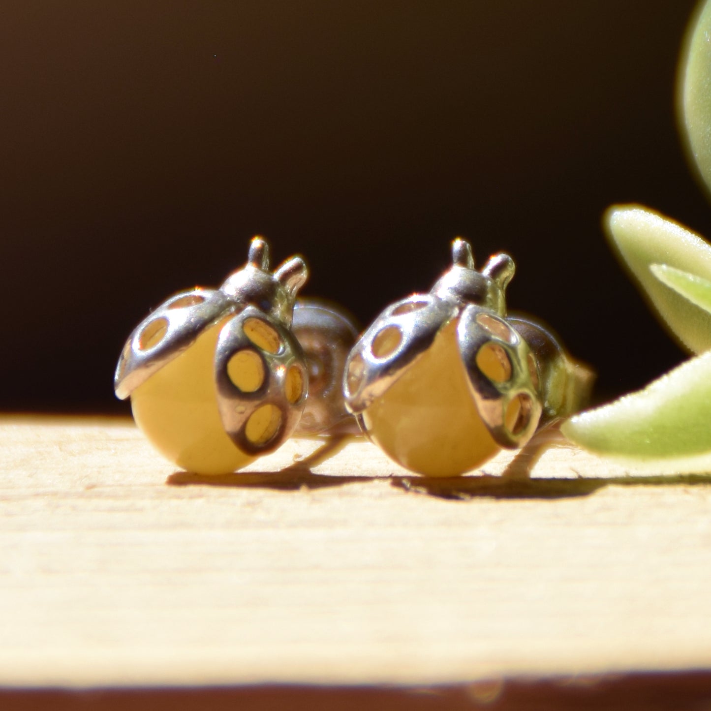 Delicate earrings with lucky ladybug in natural Imperial Amber and 925 Silver, MJ Baltica, BK256