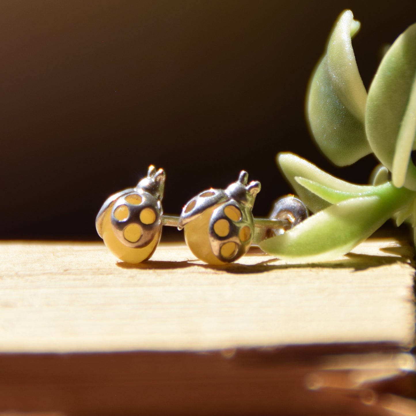 Delicate earrings with lucky ladybug in natural Imperial Amber and 925 Silver, MJ Baltica, BK256