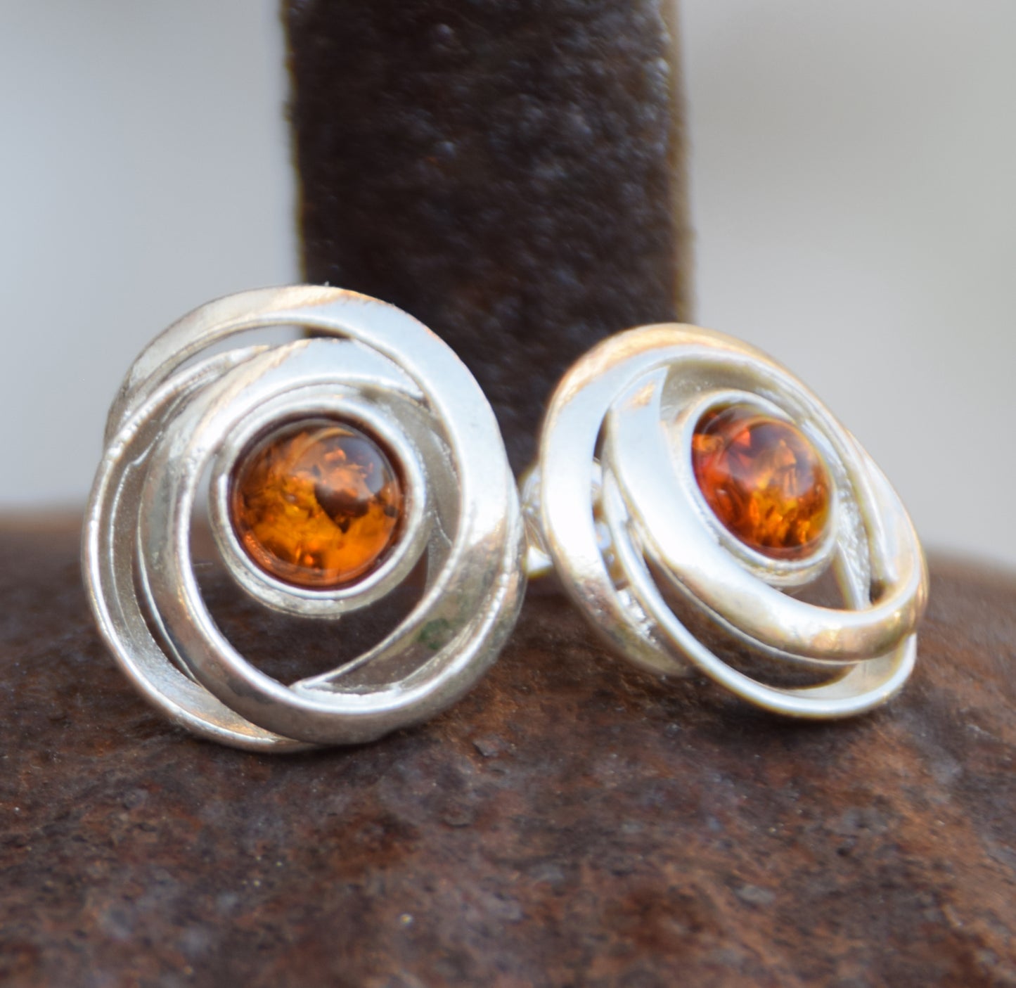 Shiny round earrings made of natural cognac-colored Amber and Sterling Silver 925, MJ Baltica, BK238