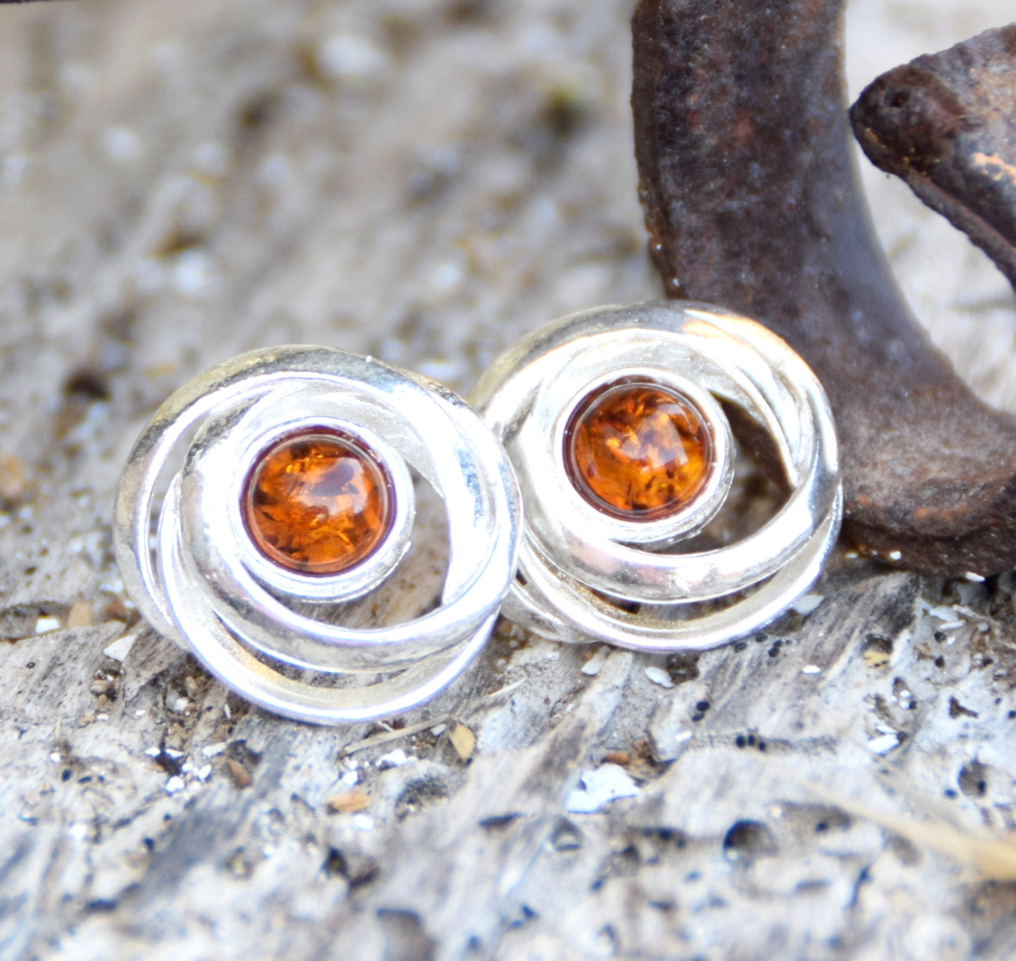 Shiny round earrings made of natural cognac-colored Amber and Sterling Silver 925, MJ Baltica, BK238