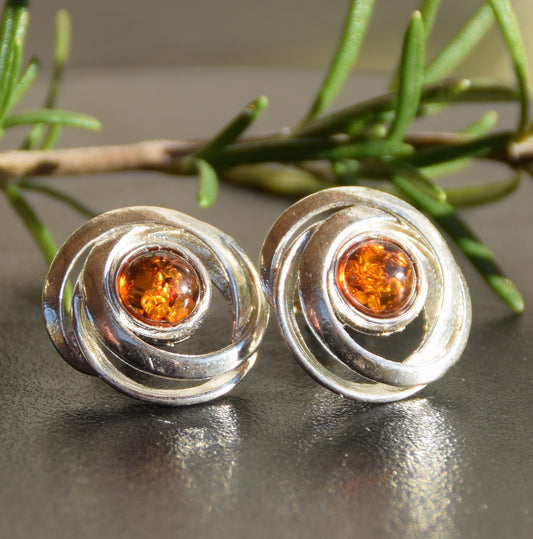 Shiny round earrings made of natural cognac-colored Amber and Sterling Silver 925, MJ Baltica, BK238