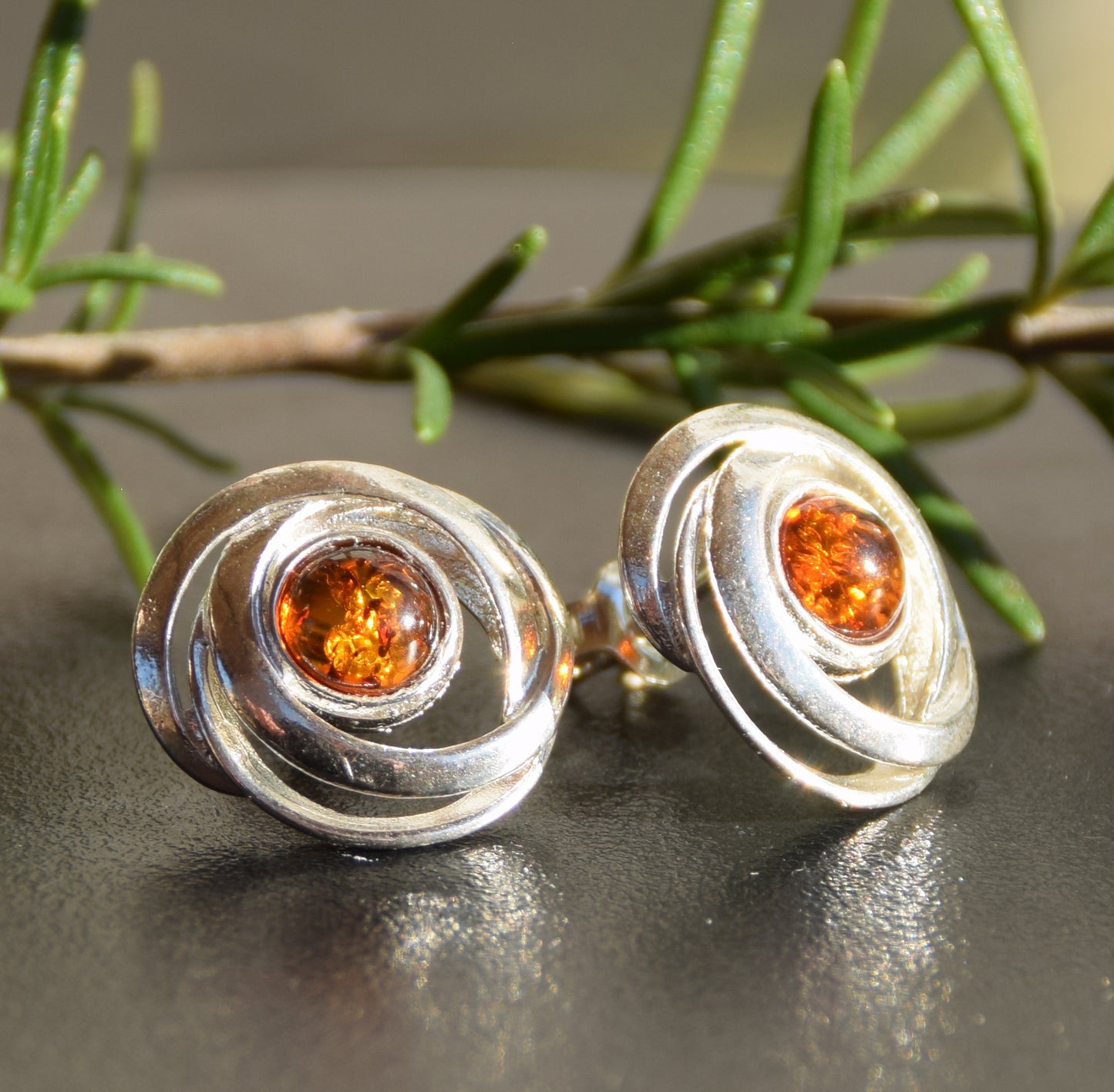 Shiny round earrings made of natural cognac-colored Amber and Sterling Silver 925, MJ Baltica, BK238