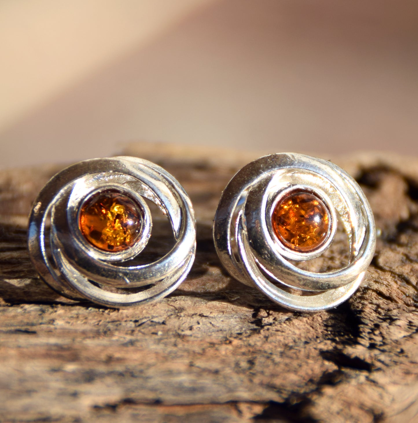 Shiny round earrings made of natural cognac-colored Amber and Sterling Silver 925, MJ Baltica, BK238