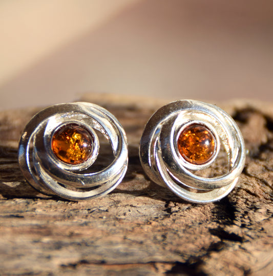 Shiny round earrings made of natural cognac-colored Amber and Sterling Silver 925, MJ Baltica, BK238