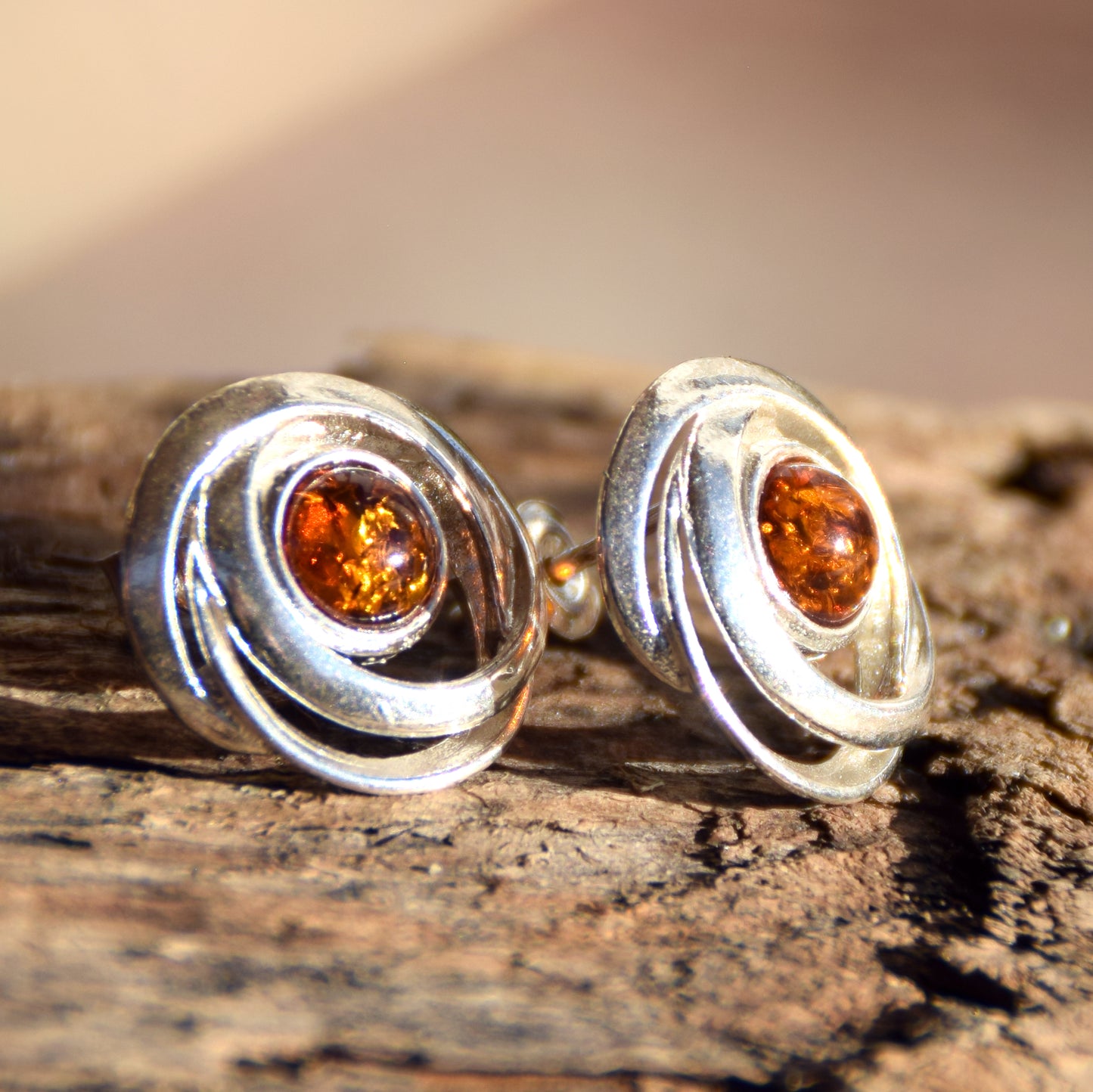 Shiny round earrings made of natural cognac-colored Amber and Sterling Silver 925, MJ Baltica, BK238