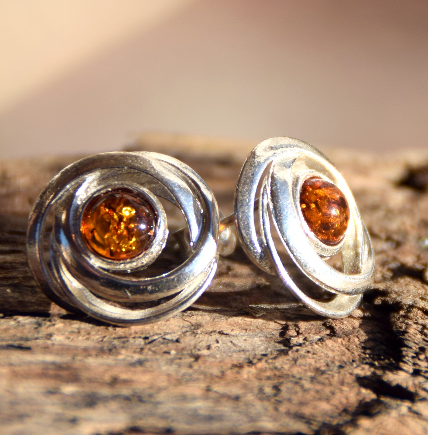 Shiny round earrings made of natural cognac-colored Amber and Sterling Silver 925, MJ Baltica, BK238