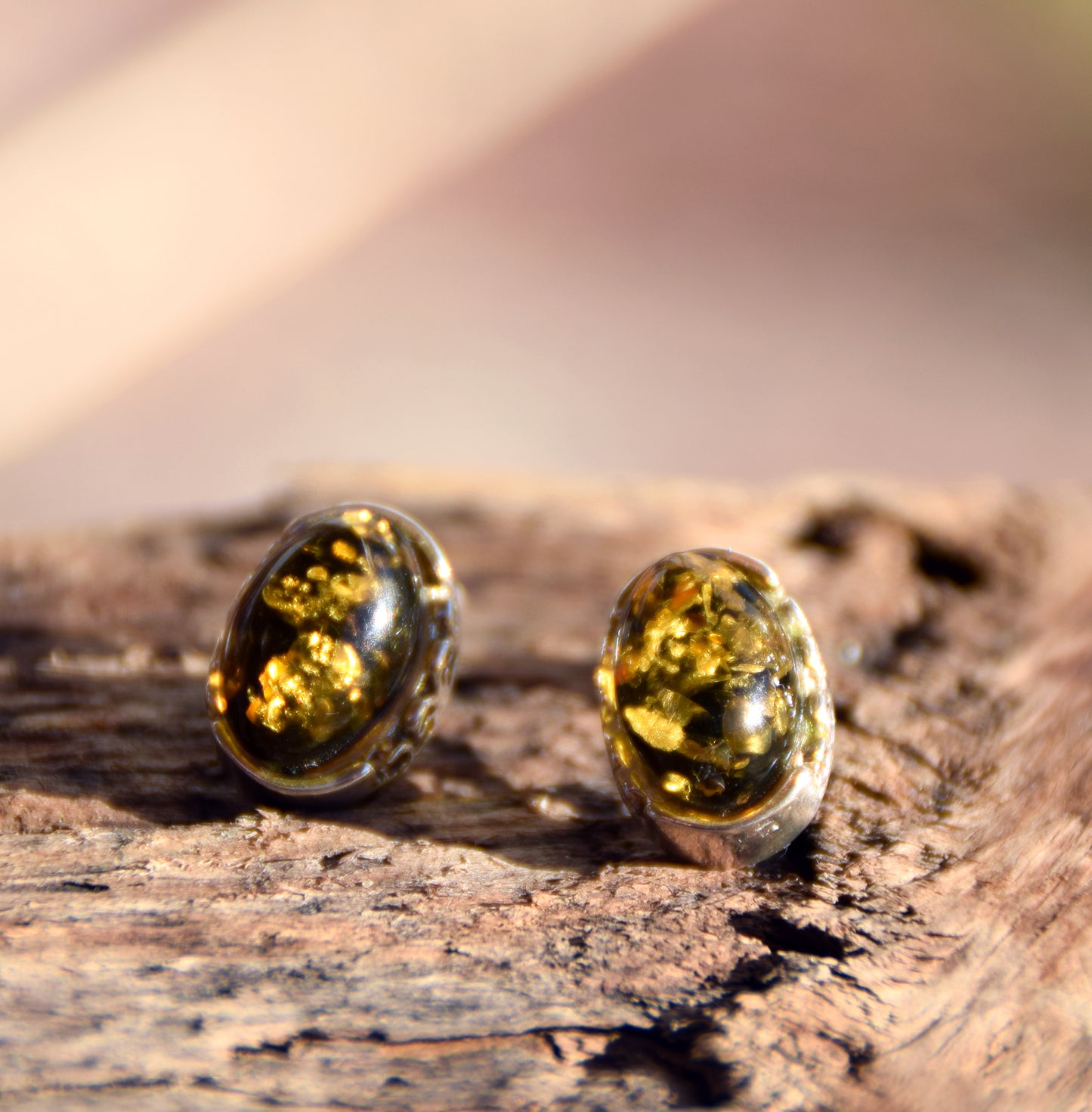 Oval earrings made with natural green Amber and 925 Silver, MJ Baltica, BK259