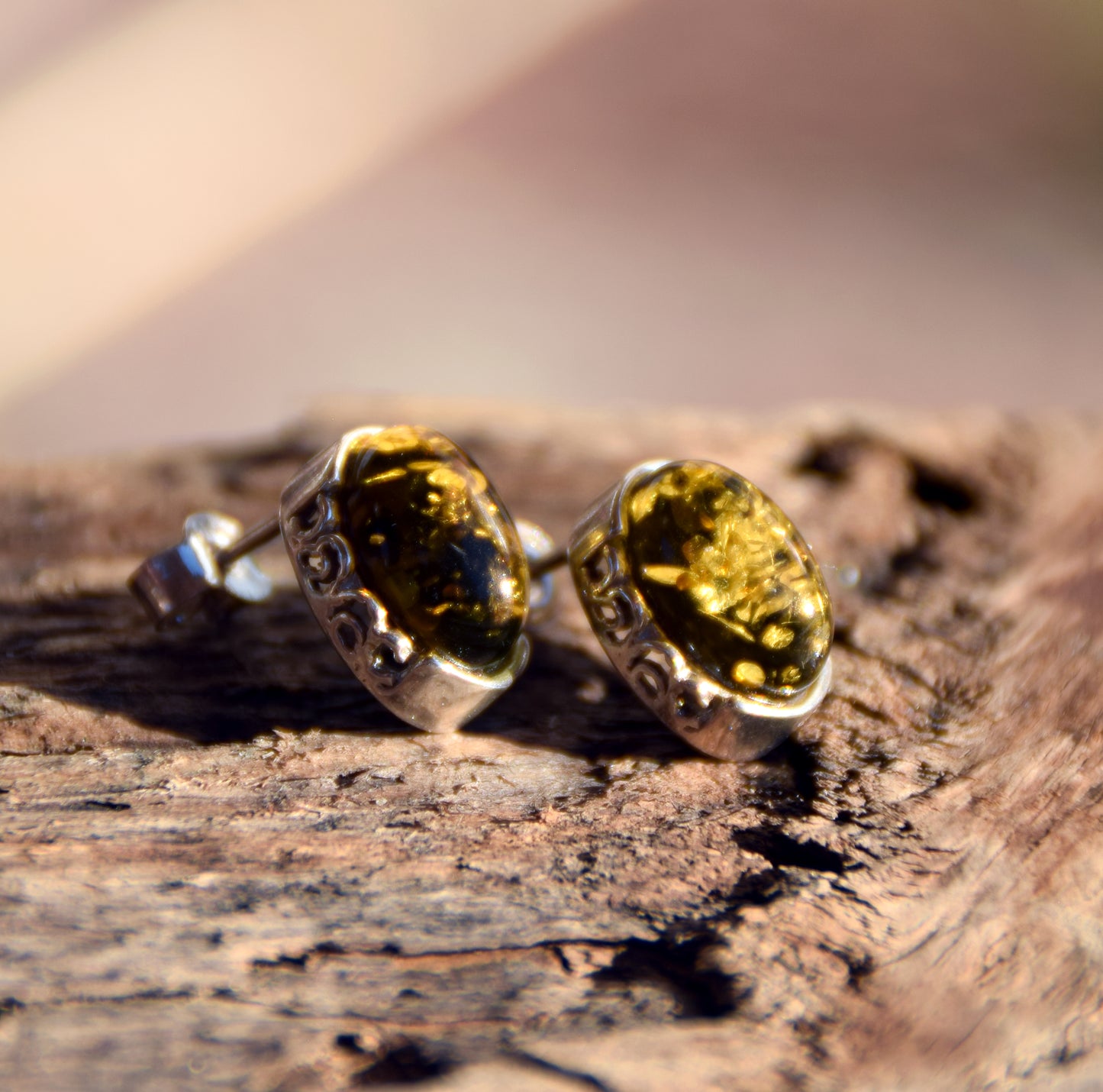 Oval earrings made with natural green Amber and 925 Silver, MJ Baltica, BK259