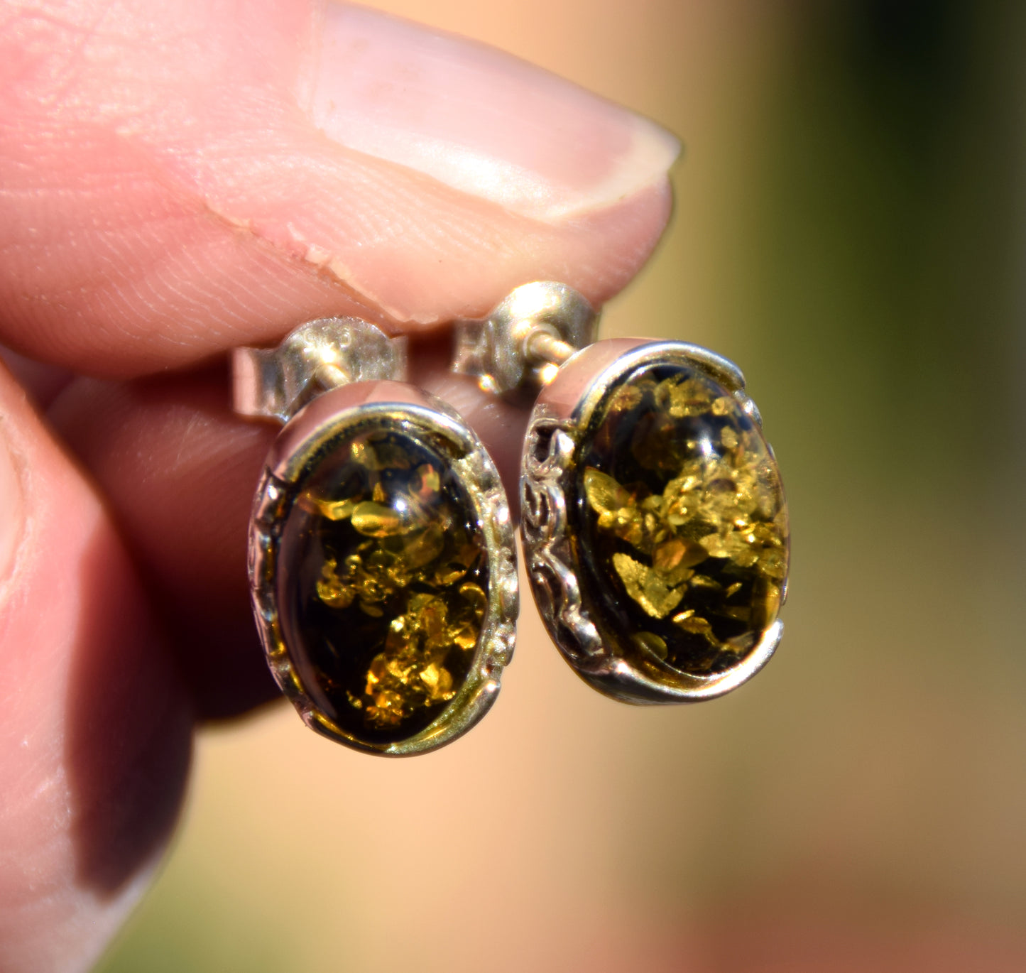 Oval earrings made with natural green Amber and 925 Silver, MJ Baltica, BK259