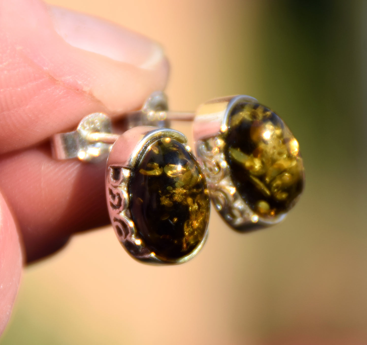 Oval earrings made with natural green Amber and 925 Silver, MJ Baltica, BK259