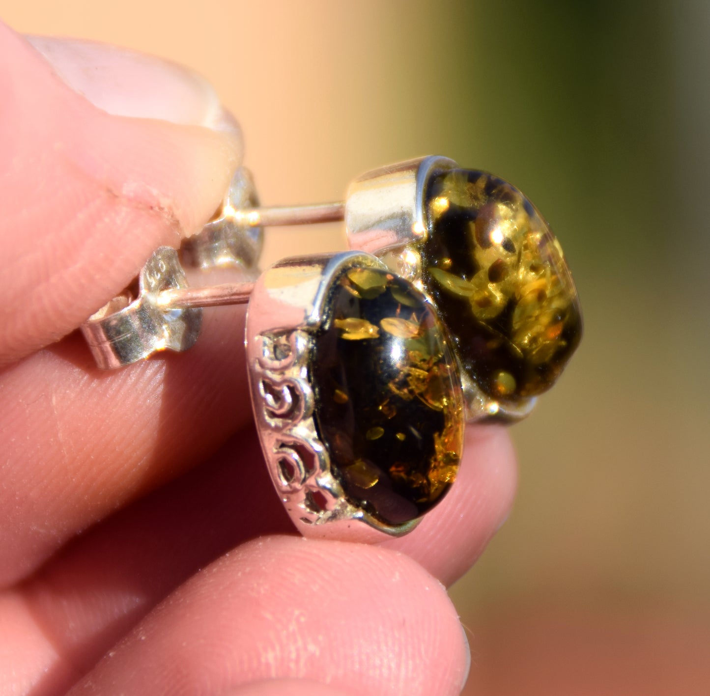 Oval earrings made with natural green Amber and 925 Silver, MJ Baltica, BK259