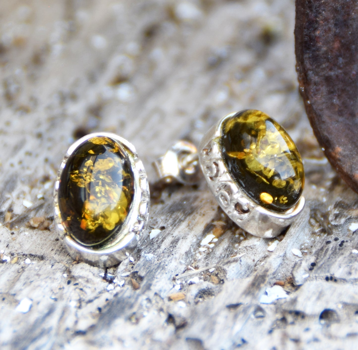 Oval earrings made with natural green Amber and 925 Silver, MJ Baltica, BK259