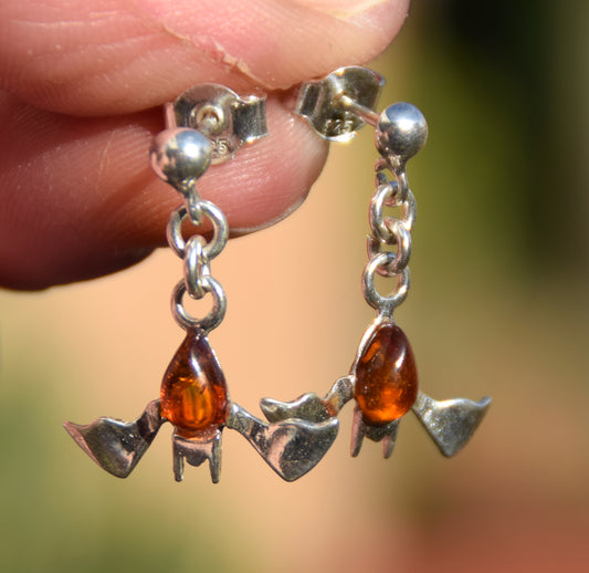 Cognac Amber and Sterling Silver Bat Dangle Earrings, MJ Baltica, BK261