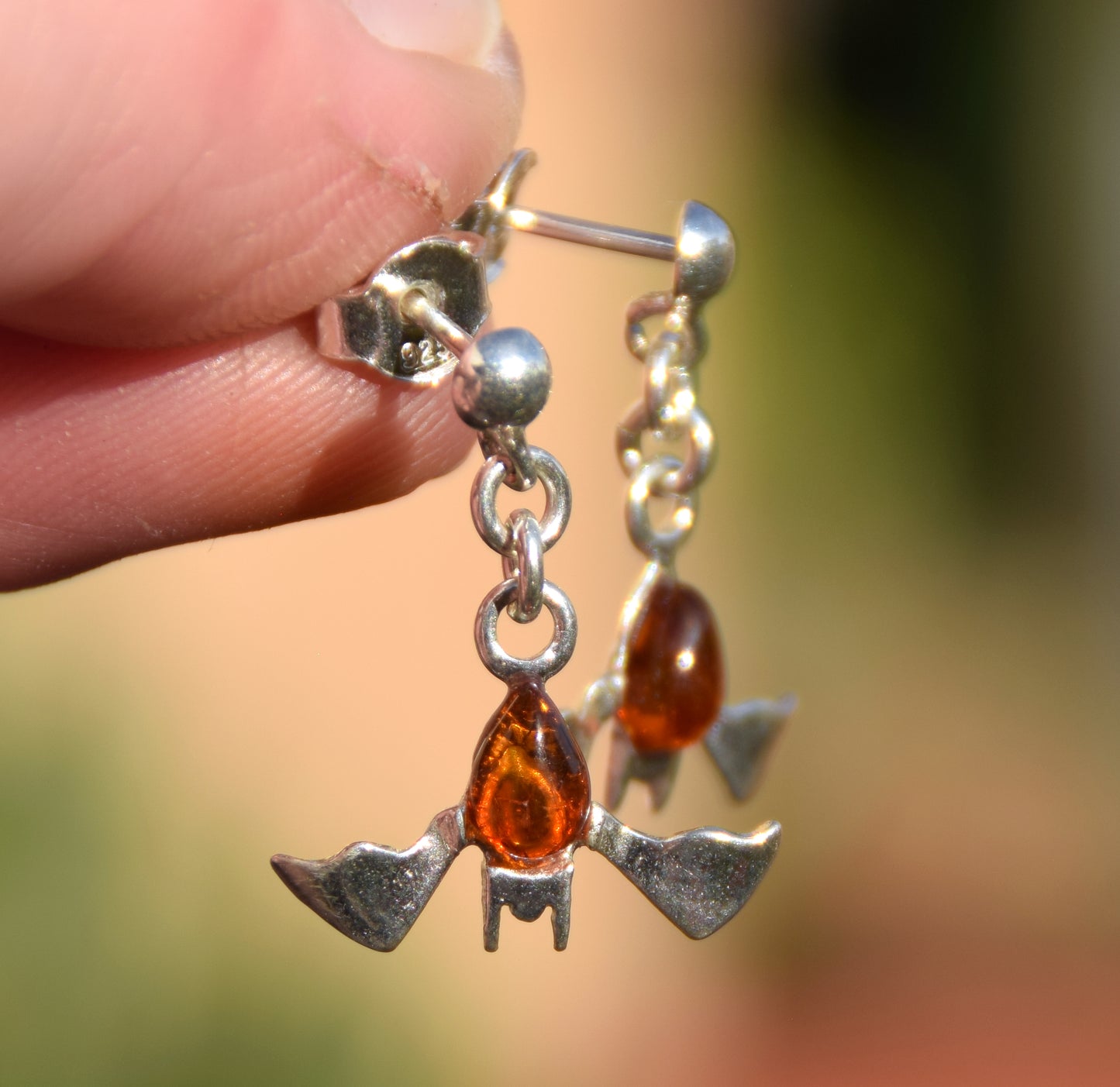 Cognac Amber and Sterling Silver Bat Dangle Earrings, MJ Baltica, BK261
