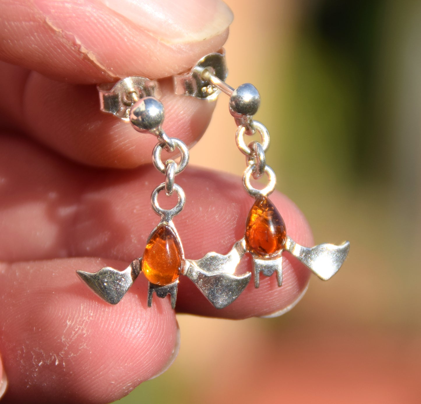 Cognac Amber and Sterling Silver Bat Dangle Earrings, MJ Baltica, BK261