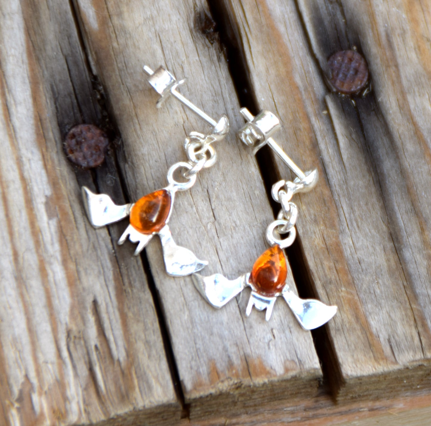 Cognac Amber and Sterling Silver Bat Dangle Earrings, MJ Baltica, BK261