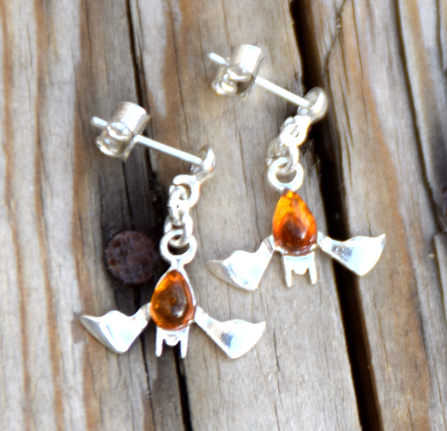 Cognac Amber and Sterling Silver Bat Dangle Earrings, MJ Baltica, BK261