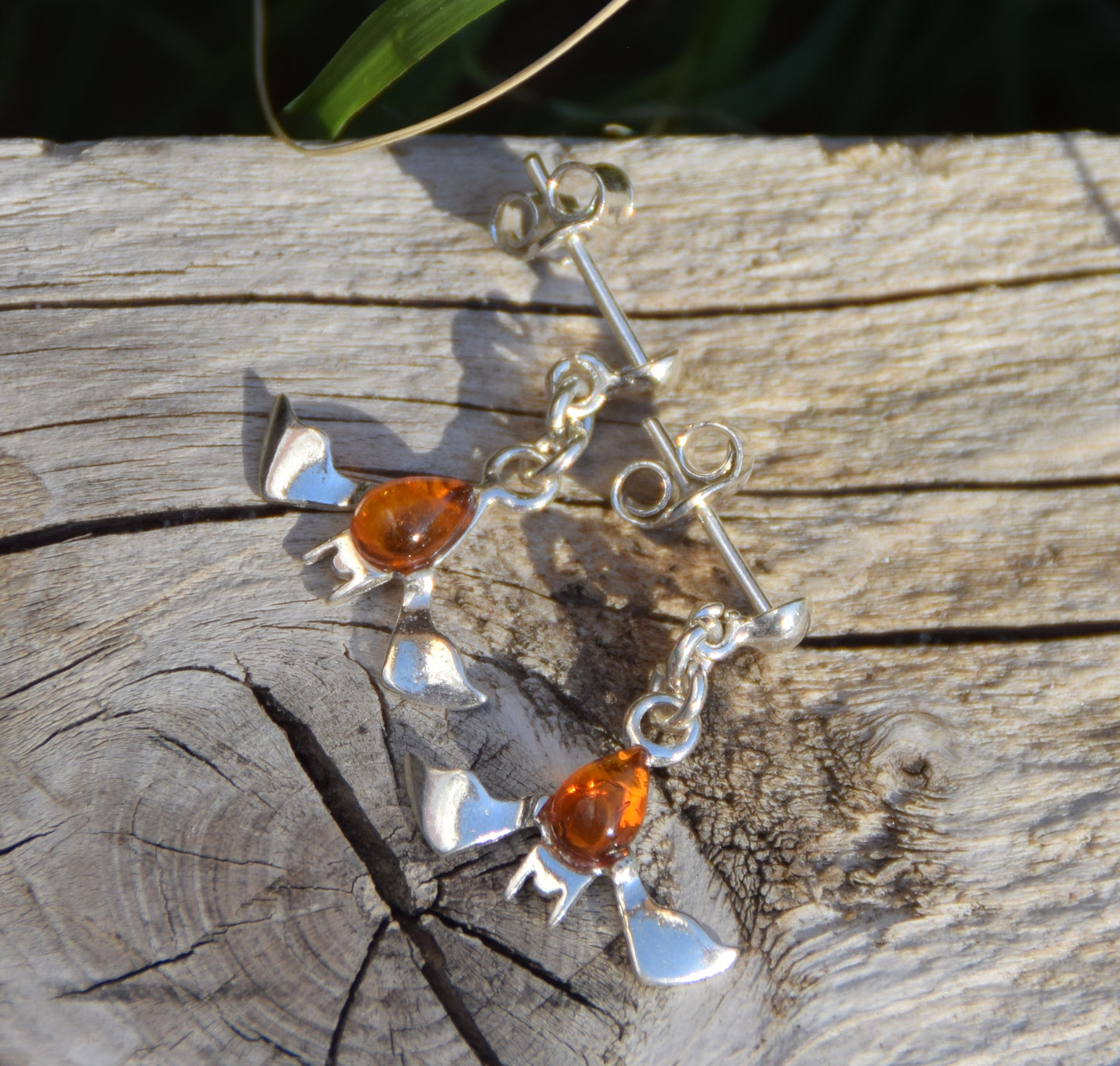 Cognac Amber and Sterling Silver Bat Dangle Earrings, MJ Baltica, BK261