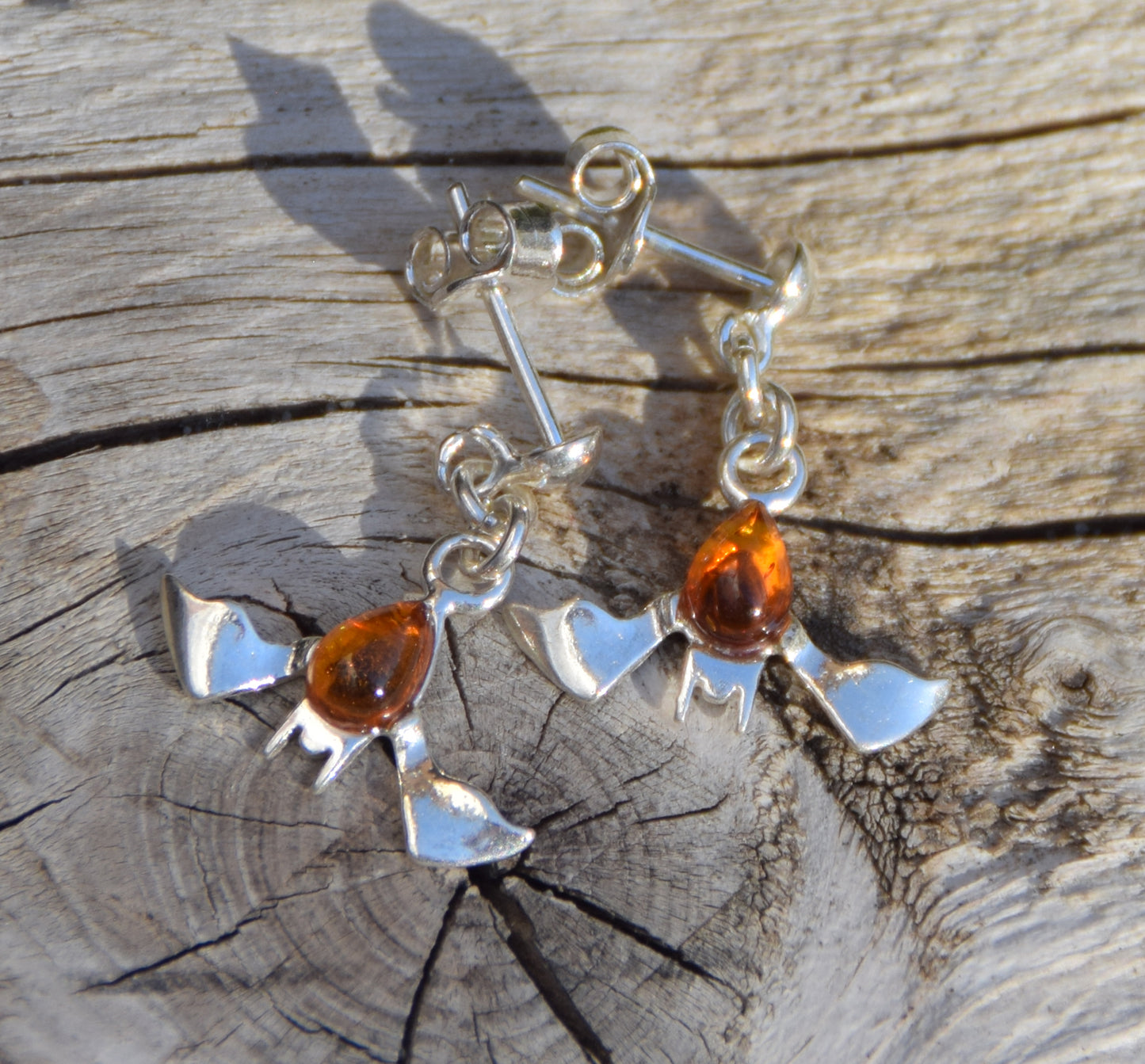 Cognac Amber and Sterling Silver Bat Dangle Earrings, MJ Baltica, BK261