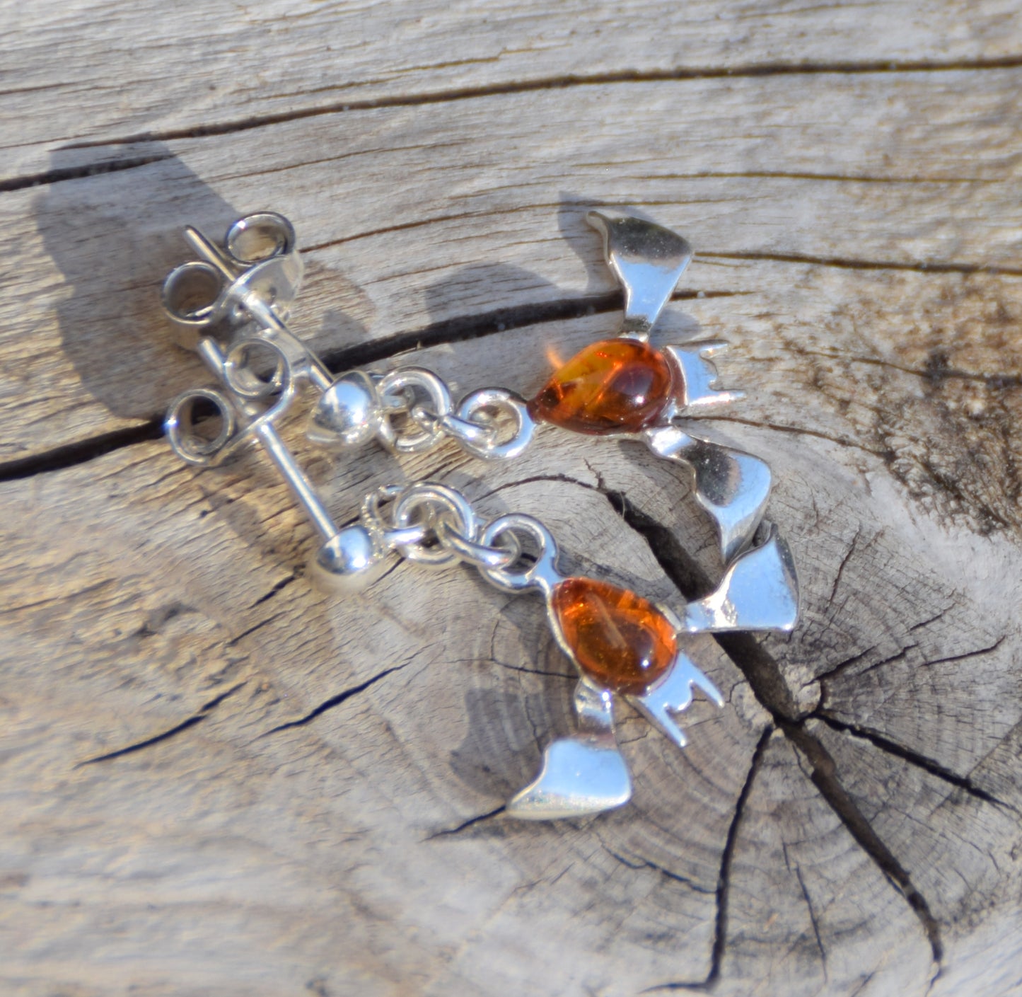 Cognac Amber and Sterling Silver Bat Dangle Earrings, MJ Baltica, BK261