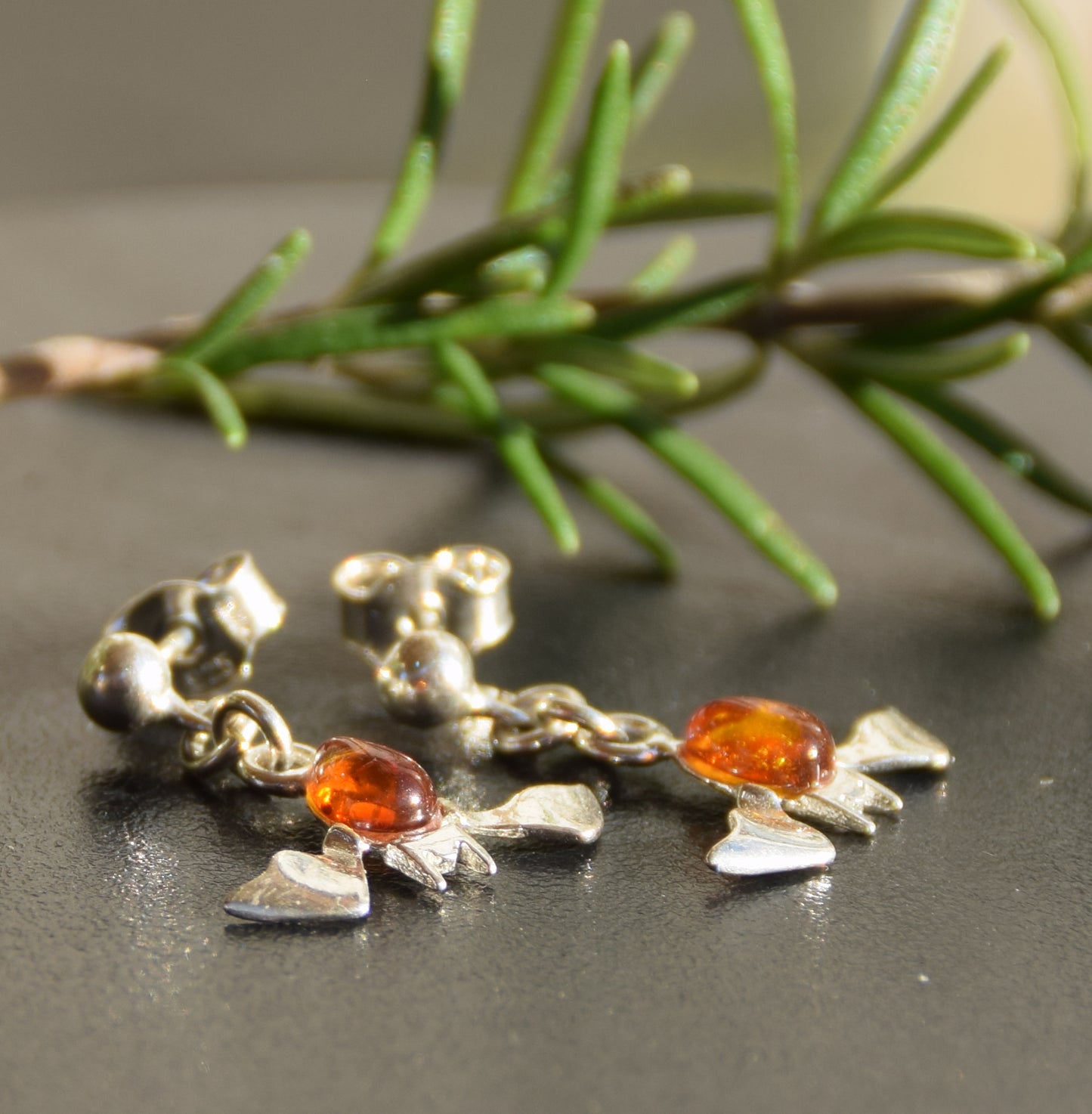 Cognac Amber and Sterling Silver Bat Dangle Earrings, MJ Baltica, BK261