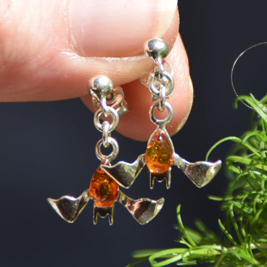 Cognac Amber and Sterling Silver Bat Dangle Earrings, MJ Baltica, BK261