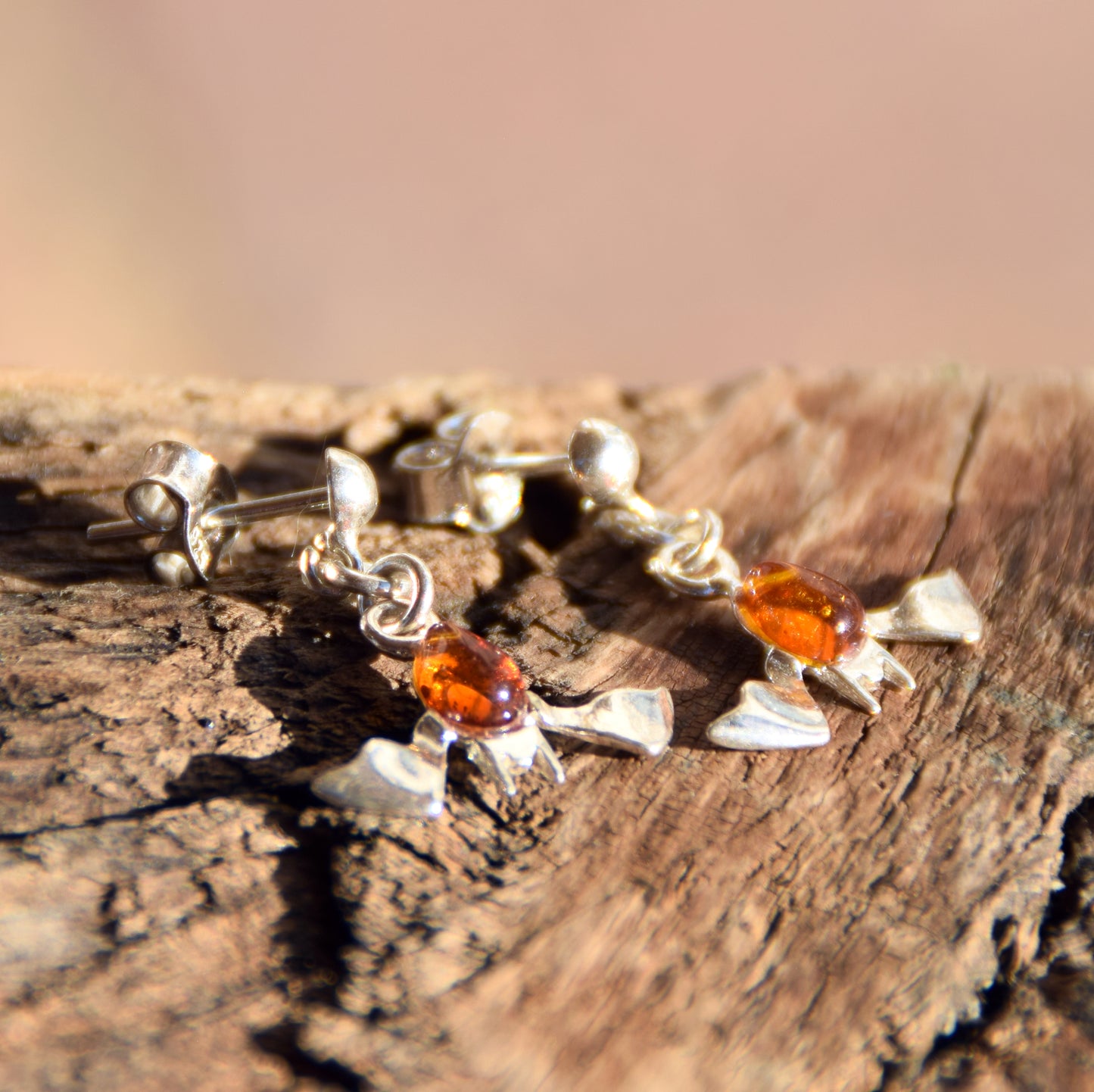 Cognac Amber and Sterling Silver Bat Dangle Earrings, MJ Baltica, BK261
