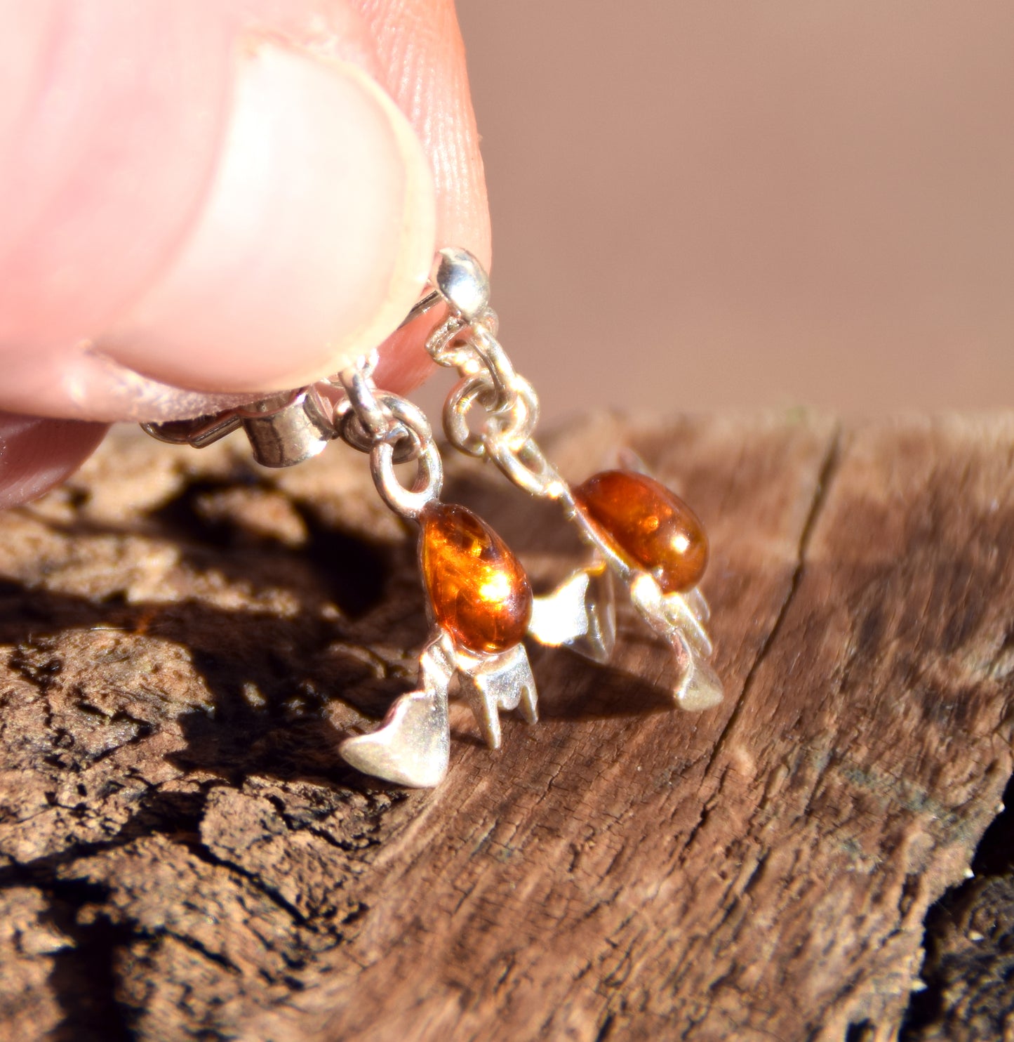 Cognac Amber and Sterling Silver Bat Dangle Earrings, MJ Baltica, BK261