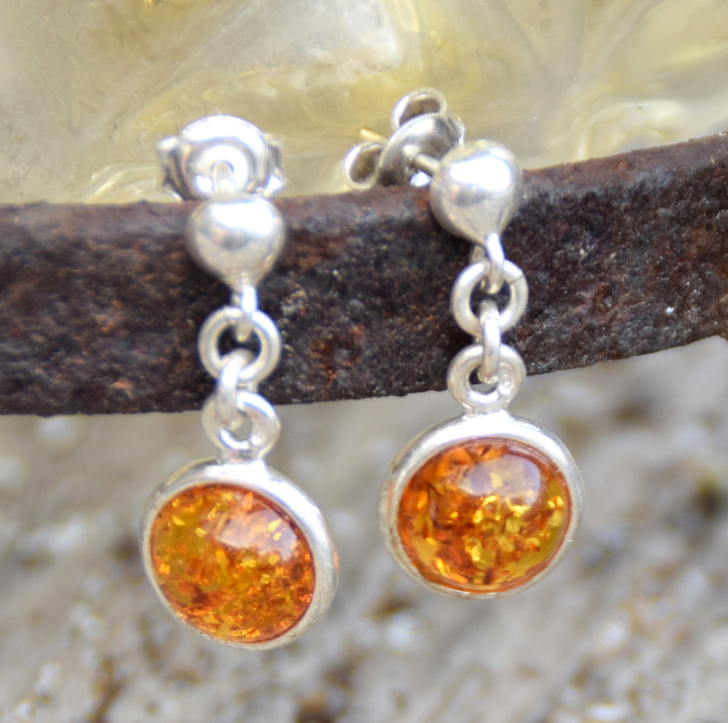 Delicate drop earrings with natural cognac amber and 925 silver, MJ Baltica, BK262