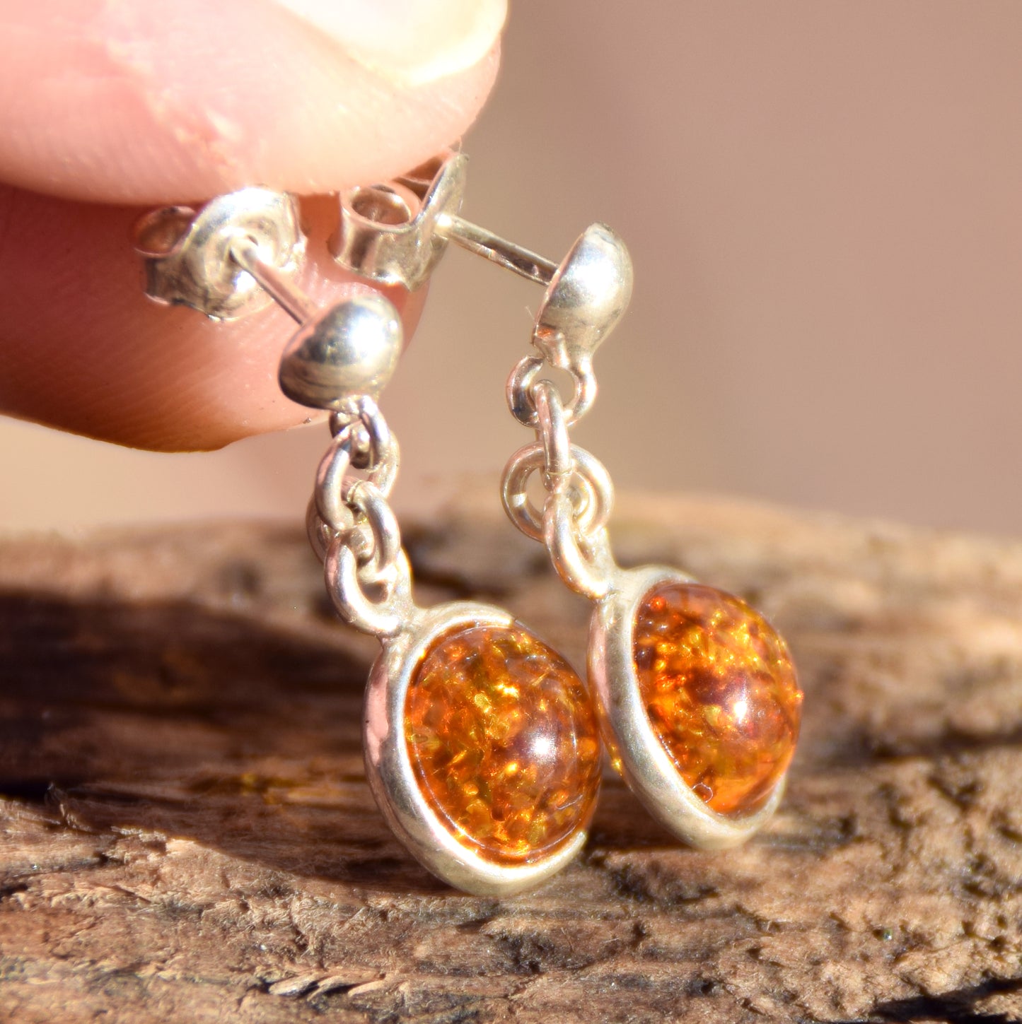 Delicate drop earrings with natural cognac amber and 925 silver, MJ Baltica, BK262