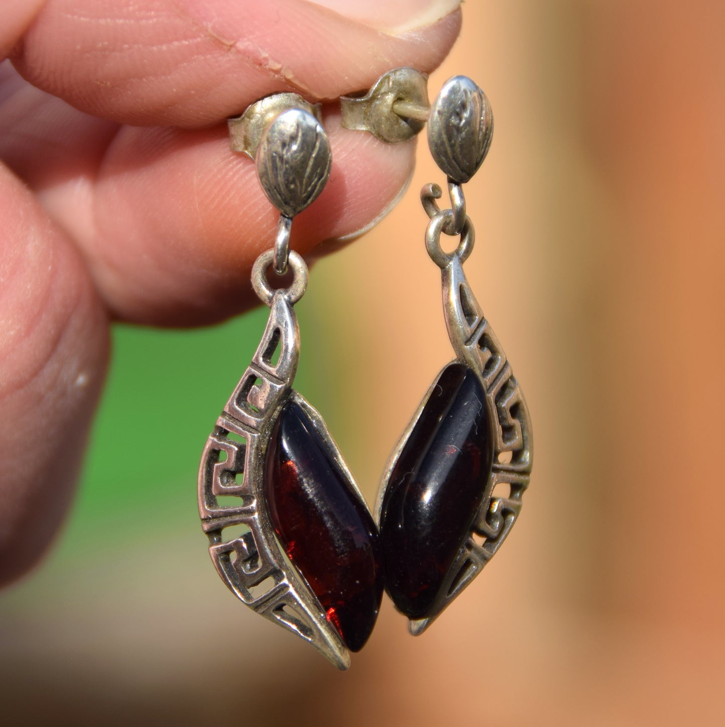 Elegant drop earrings with dark brown natural Amber and 925 Sterling Silver, MJ Baltica, BK263