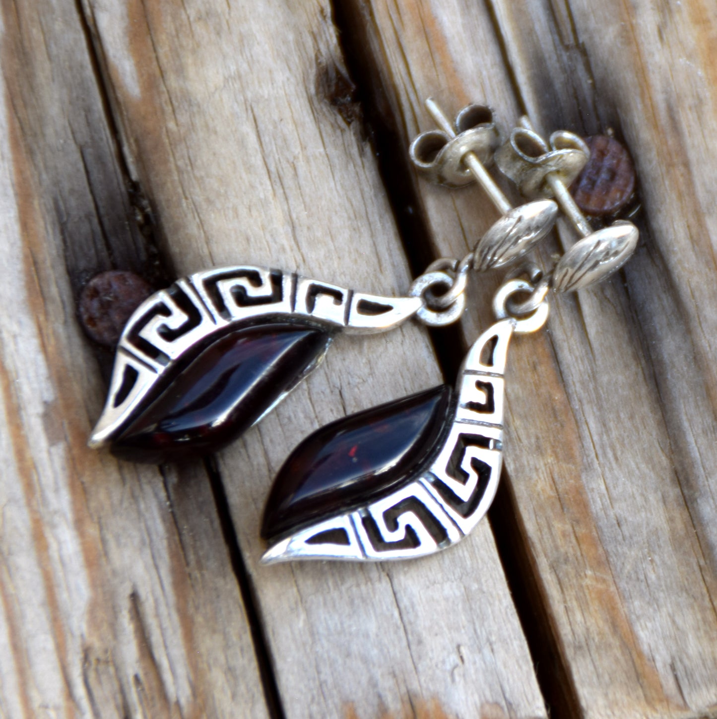 Elegant drop earrings with dark brown natural Amber and 925 Sterling Silver, MJ Baltica, BK263