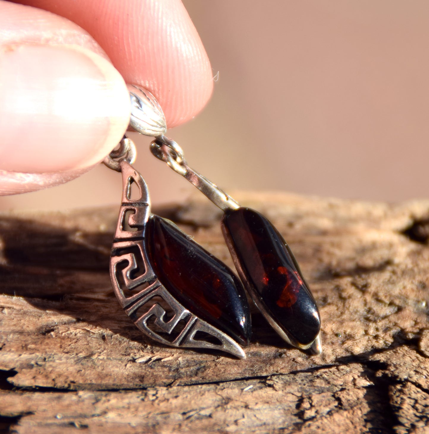 Elegant drop earrings with dark brown natural Amber and 925 Sterling Silver, MJ Baltica, BK263
