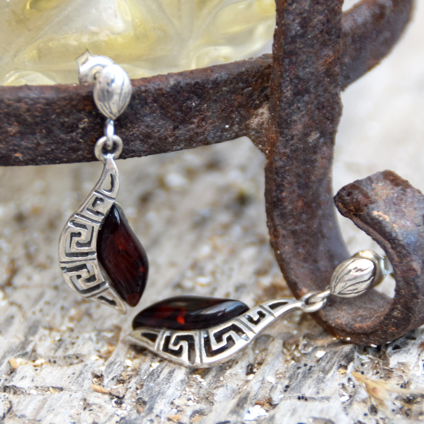 Elegant drop earrings with dark brown natural Amber and 925 Sterling Silver, MJ Baltica, BK263