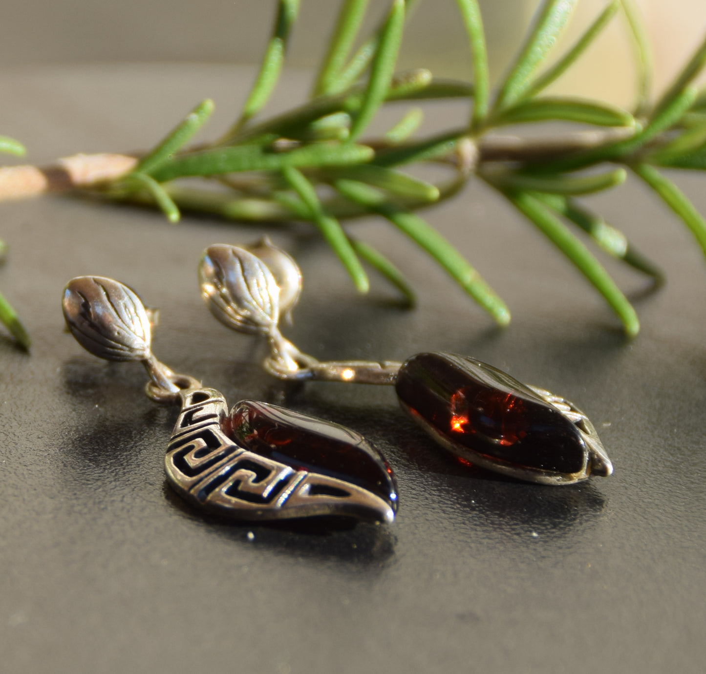 Elegant drop earrings with dark brown natural Amber and 925 Sterling Silver, MJ Baltica, BK263