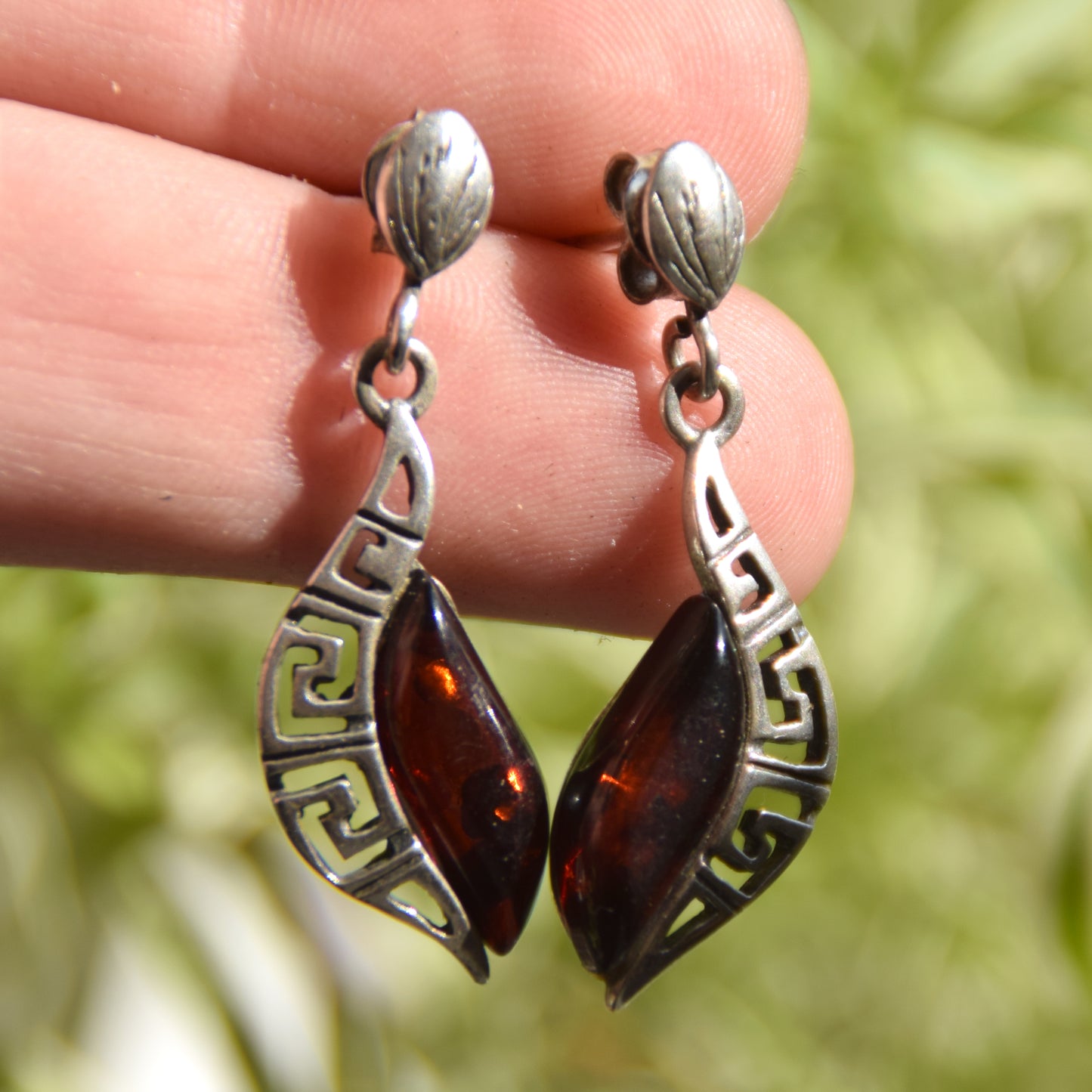Elegant drop earrings with dark brown natural Amber and 925 Sterling Silver, MJ Baltica, BK263