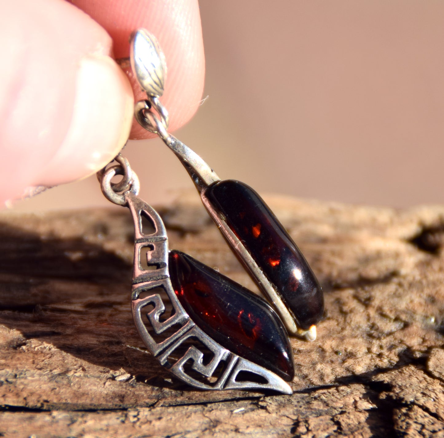 Elegant drop earrings with dark brown natural Amber and 925 Sterling Silver, MJ Baltica, BK263