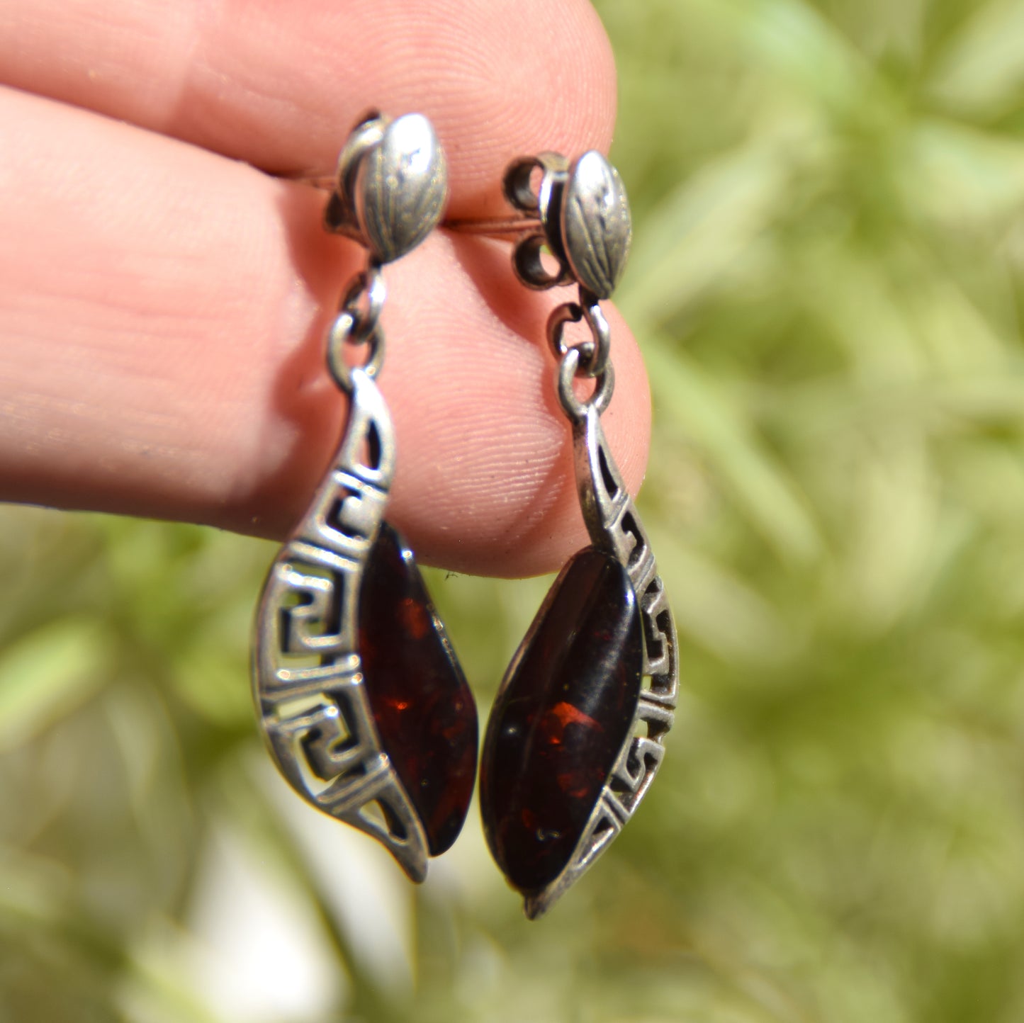 Elegant drop earrings with dark brown natural Amber and 925 Sterling Silver, MJ Baltica, BK263