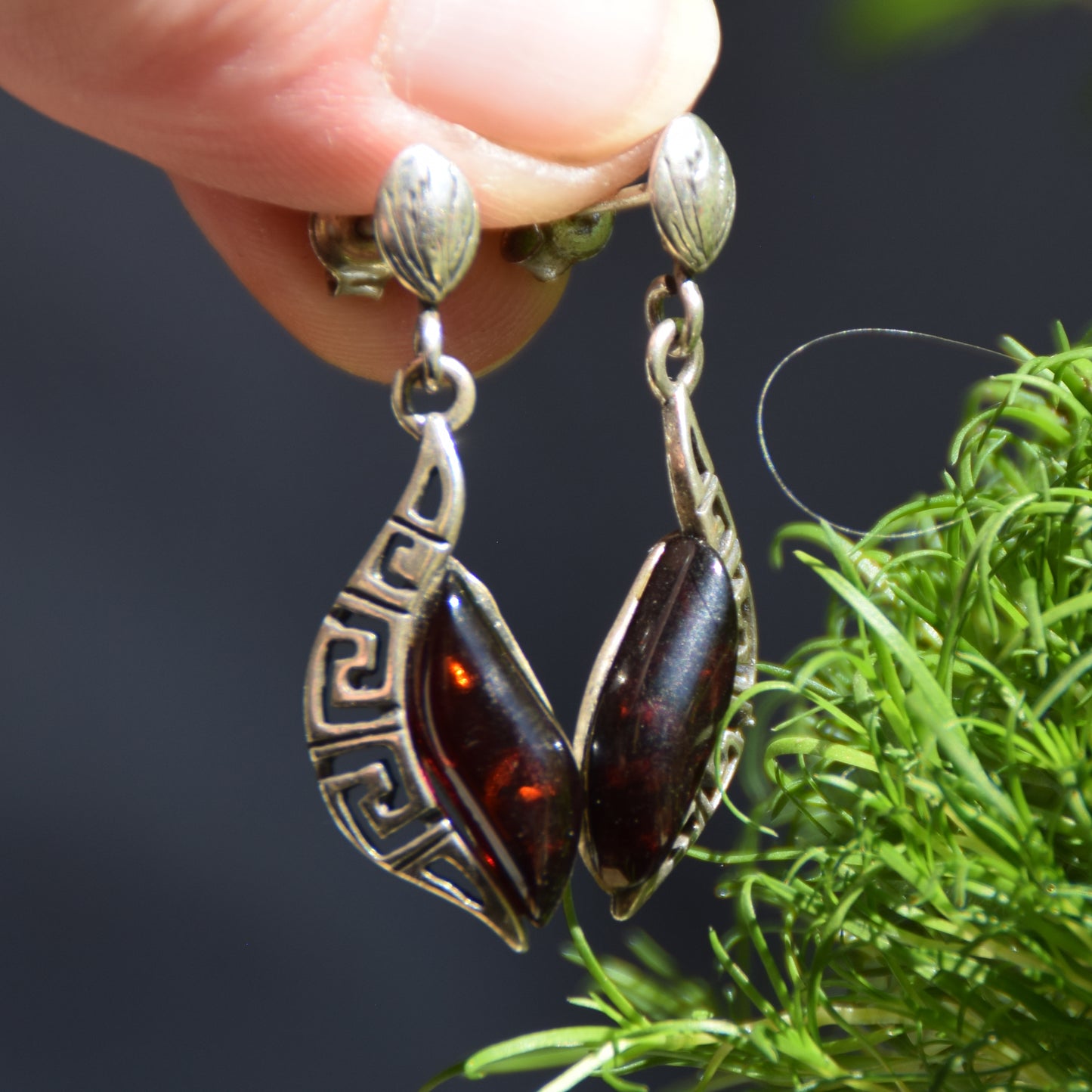 Elegant drop earrings with dark brown natural Amber and 925 Sterling Silver, MJ Baltica, BK263