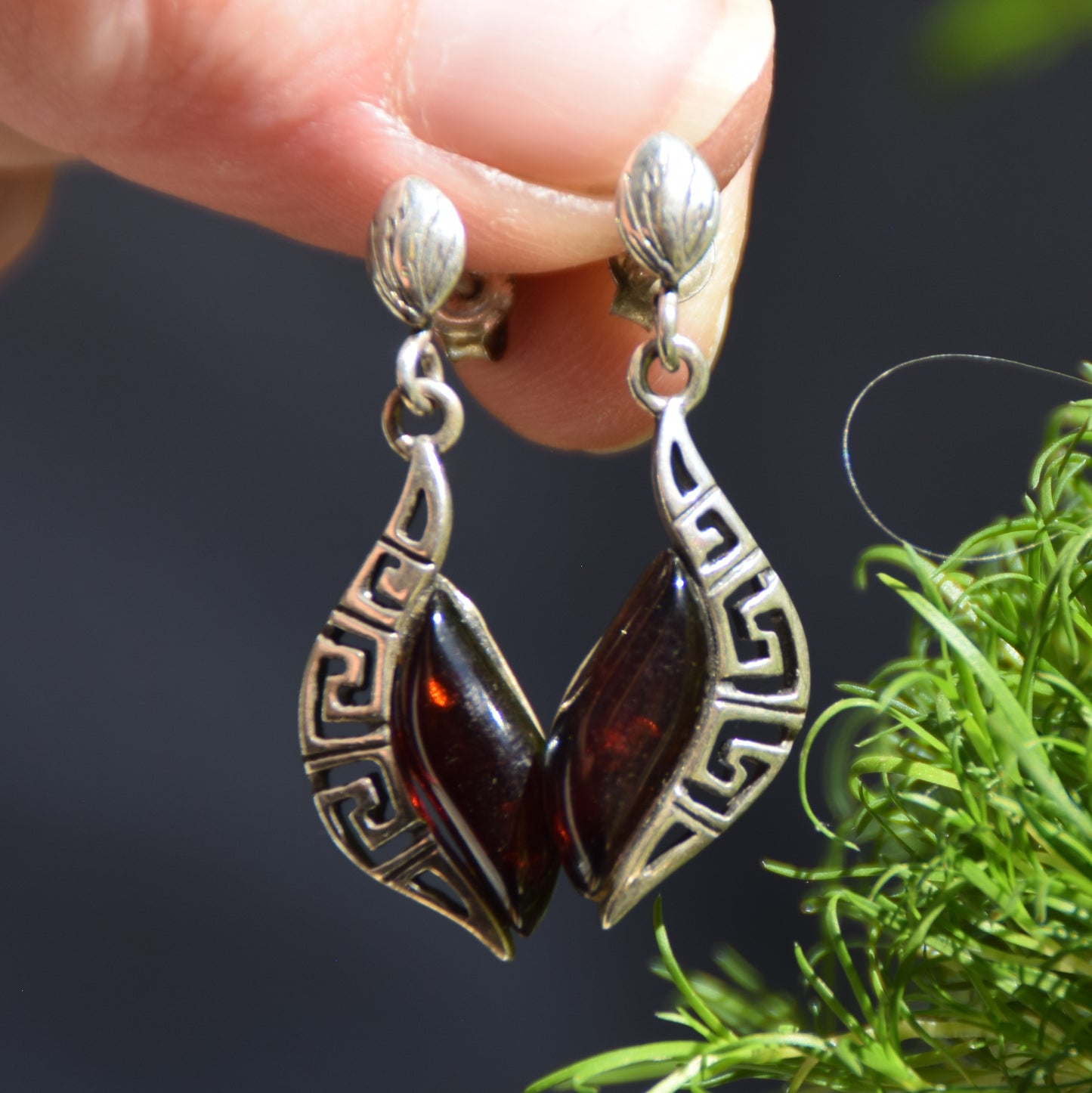 Elegant drop earrings with dark brown natural Amber and 925 Sterling Silver, MJ Baltica, BK263