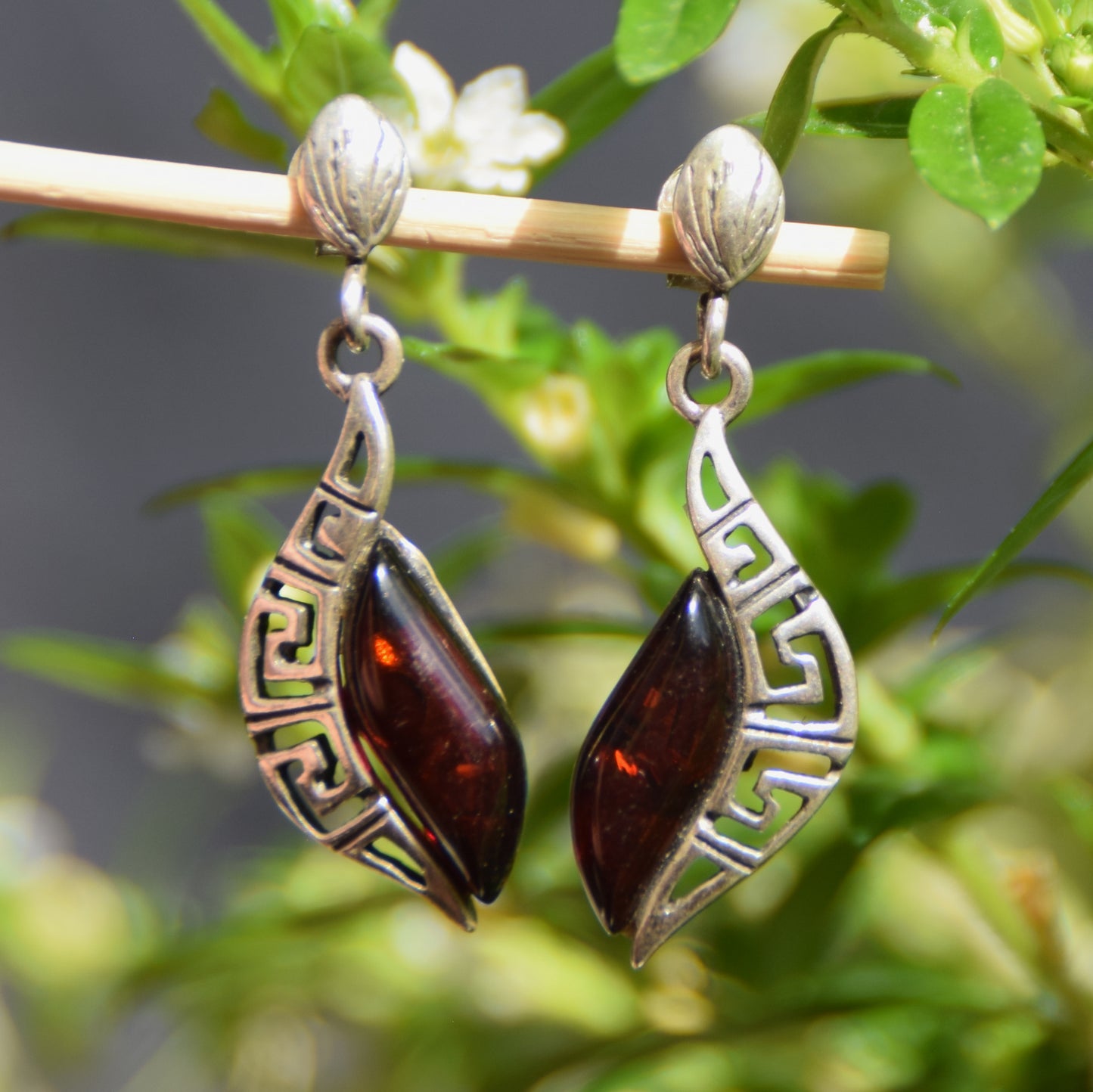 Elegant drop earrings with dark brown natural Amber and 925 Sterling Silver, MJ Baltica, BK263