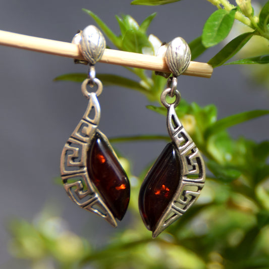 Elegant drop earrings with dark brown natural Amber and 925 Sterling Silver, MJ Baltica, BK263