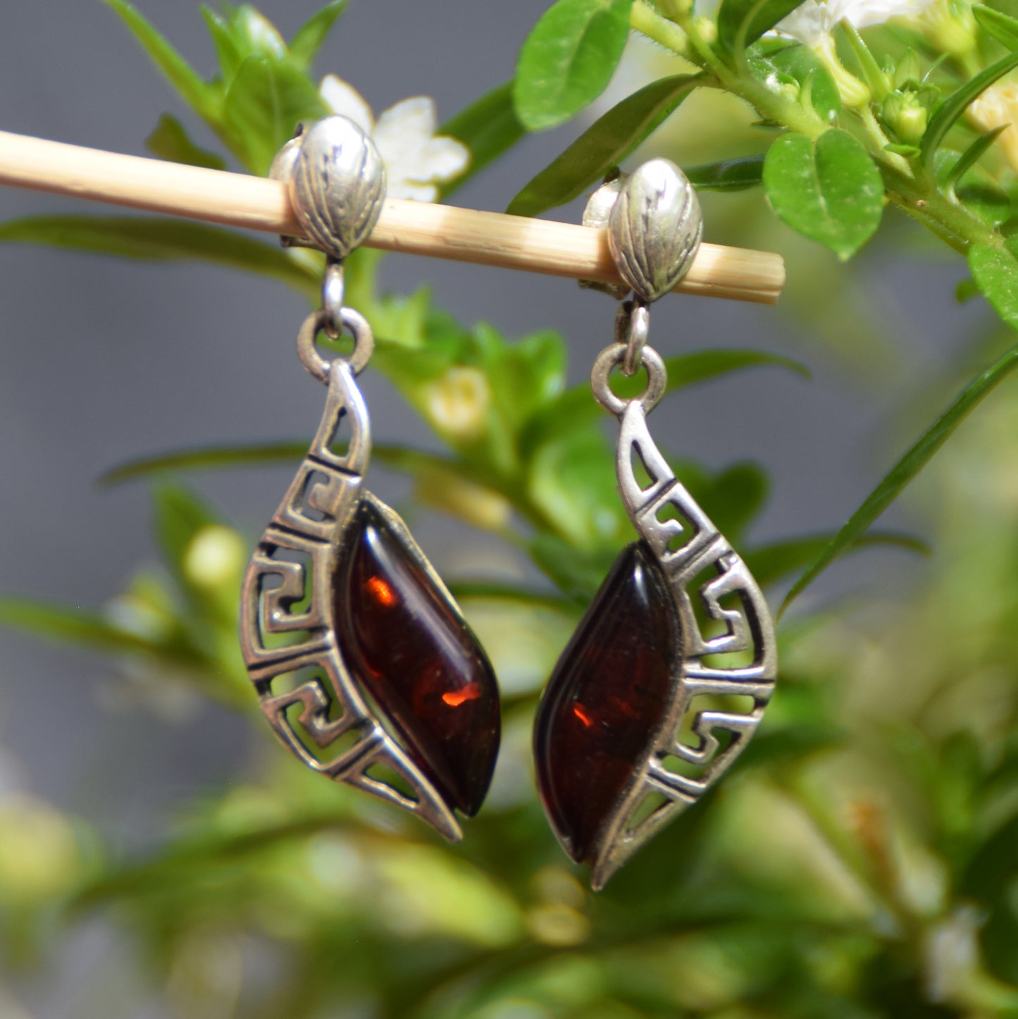 Elegant drop earrings with dark brown natural Amber and 925 Sterling Silver, MJ Baltica, BK263