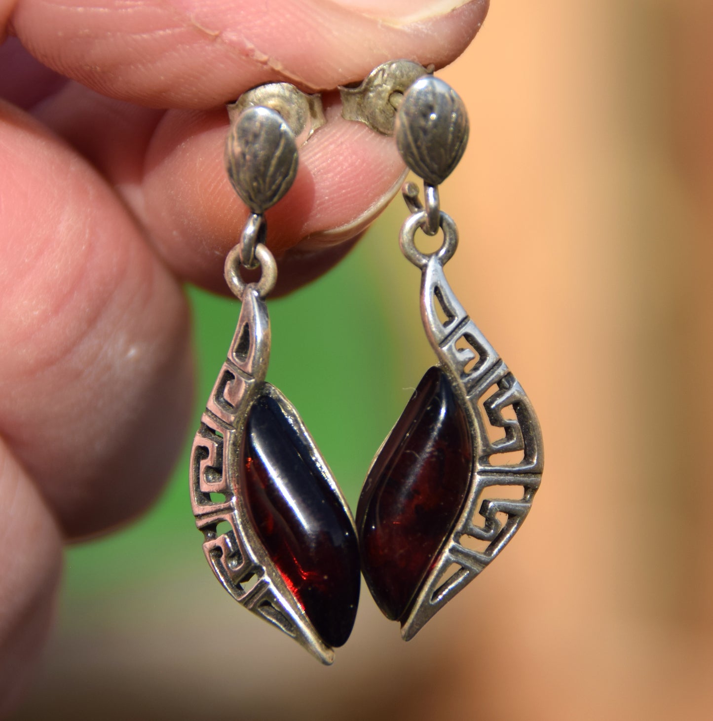 Elegant drop earrings with dark brown natural Amber and 925 Sterling Silver, MJ Baltica, BK263