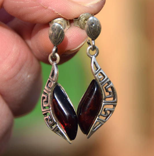 Elegant drop earrings with dark brown natural Amber and 925 Sterling Silver, MJ Baltica, BK263