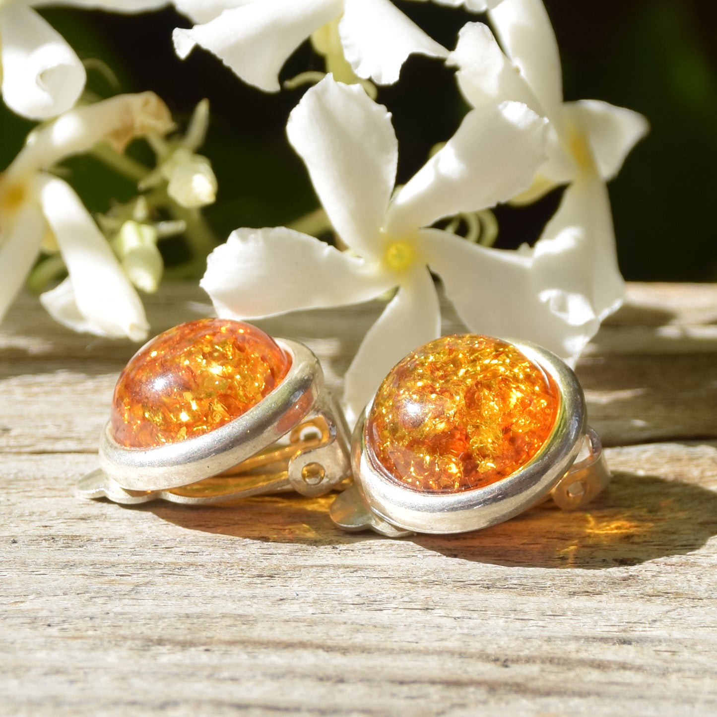 Round clip-on stud earrings with cognac natural amber and 925 silver, MJ Baltica, BKK007